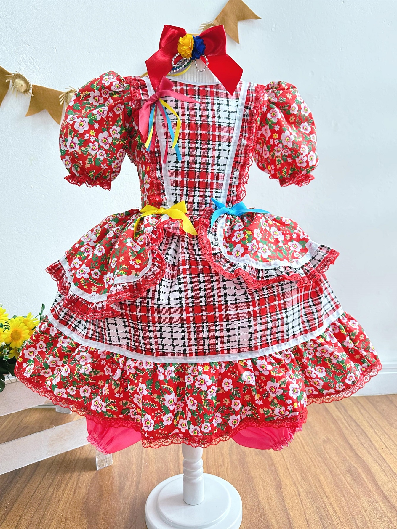 Vestido Infantil Junino Vermelho Xadrez Colorido Florzinhas