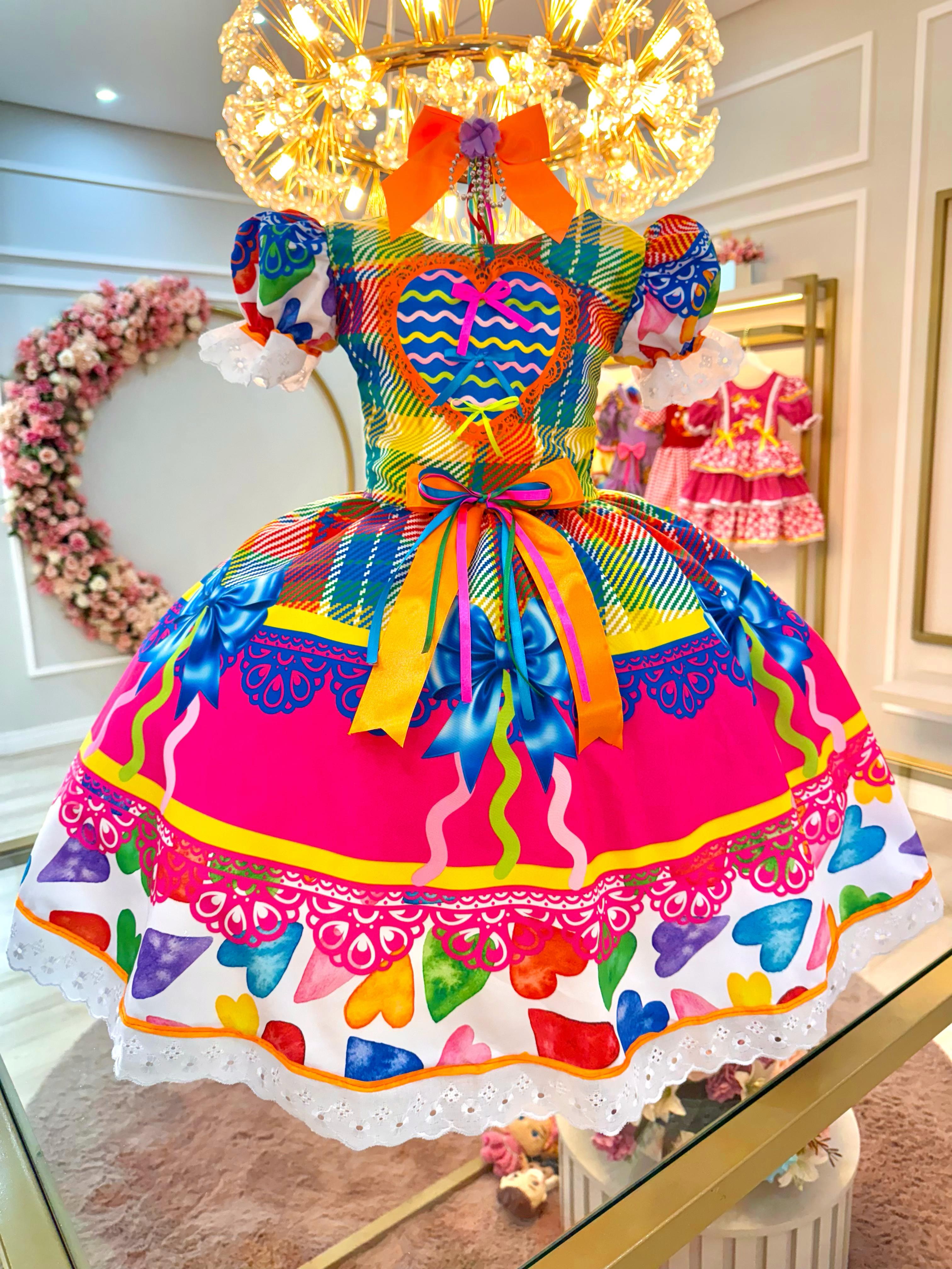 Vestido Infantil Junino Xadrez Colorido Super Luxo