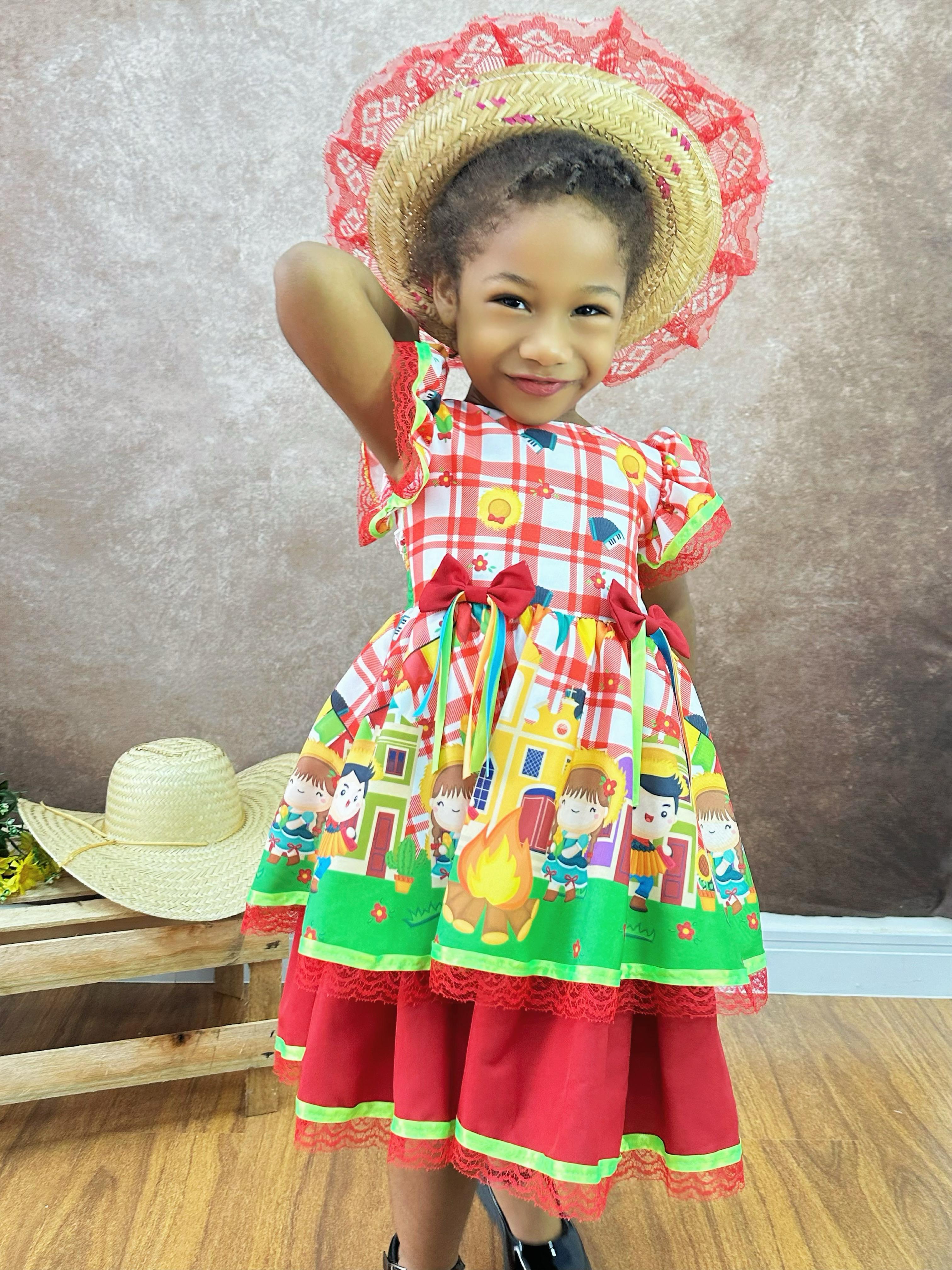 Vestido Infantil Junino Xadrez Vermelho Festa de São João