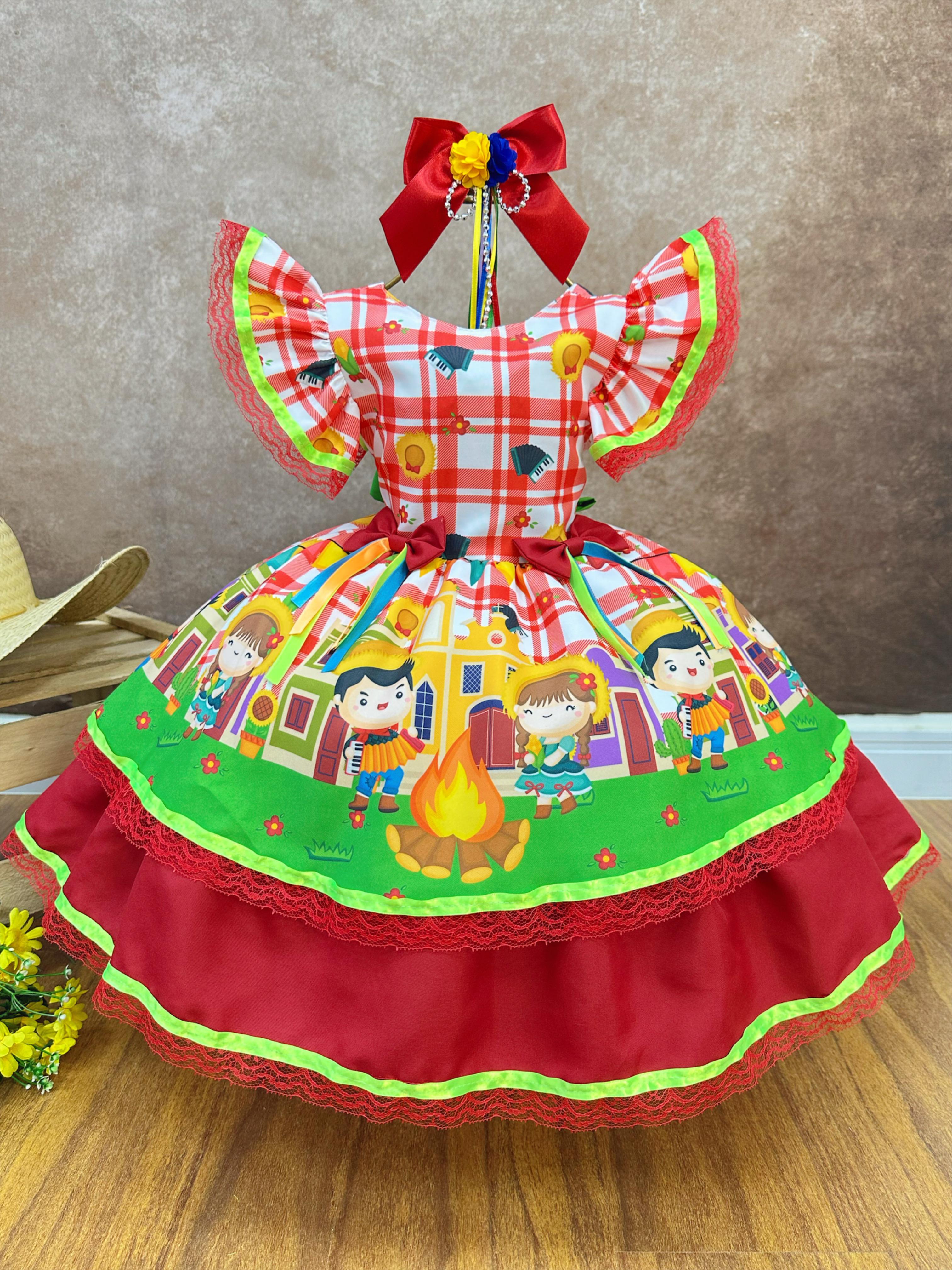 Vestido Infantil Junino Xadrez Vermelho Festa de São João