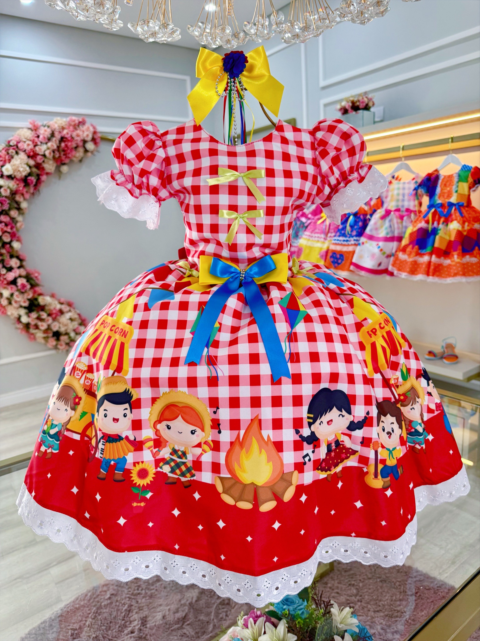 Vestido Infantil Junino Xadrez Vermelho Festa São João