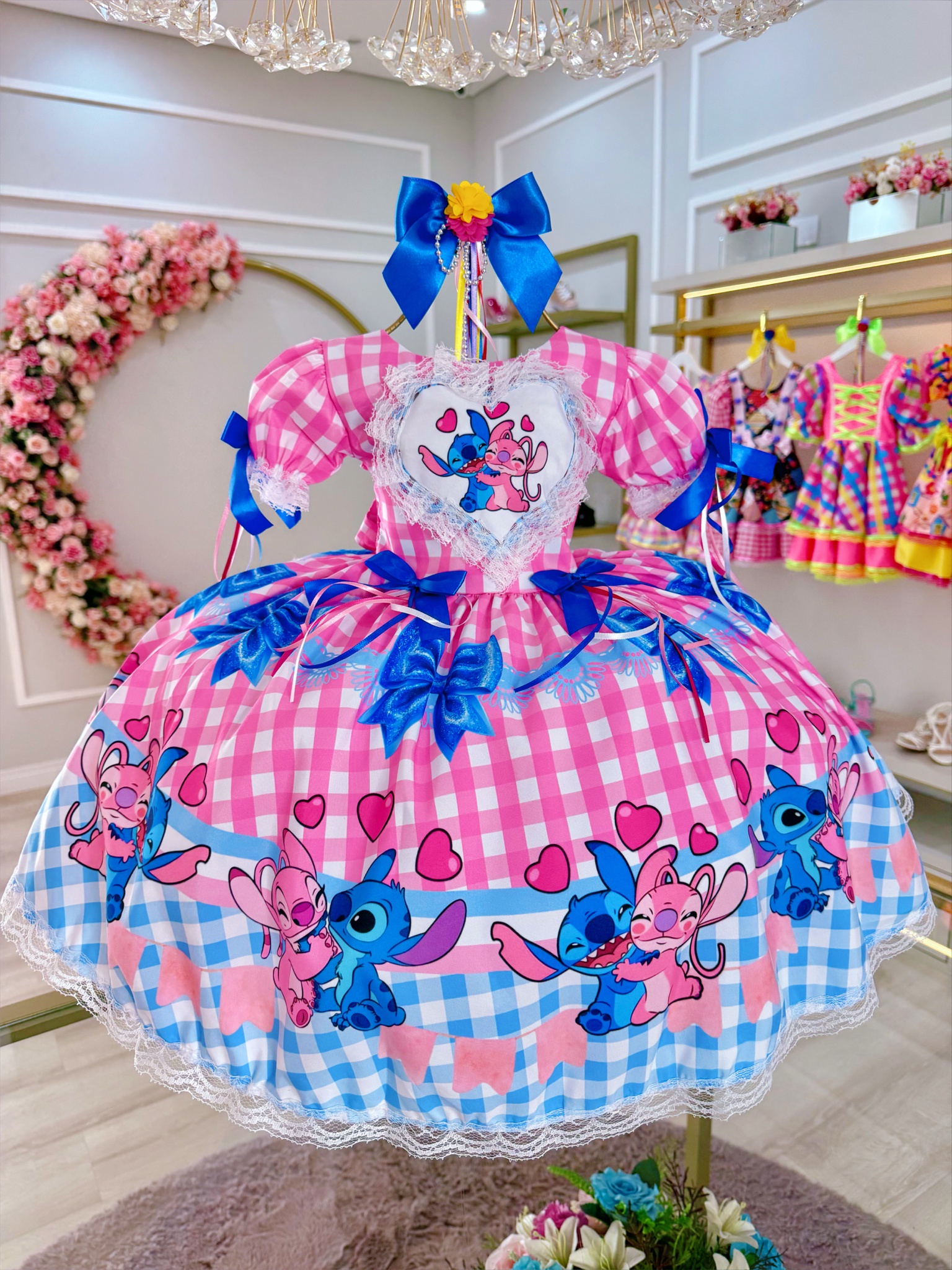 Vestido Infantil Lilo Stitch e Angel Xadrez Rosa Festas
