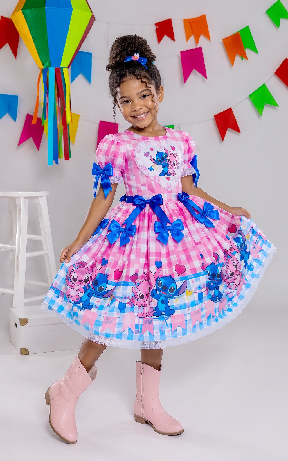 Vestido Infantil Lilo Stitch e Angel Xadrez Rosa Festas