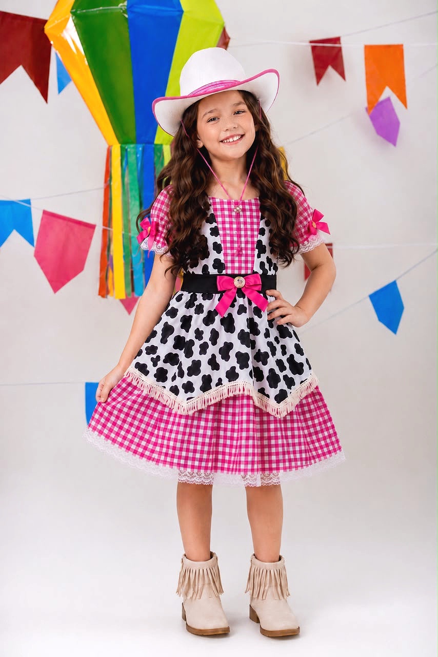 Vestido Infantil Xadrez Pink Fazendinha Vaquinha Boiadeira Laço