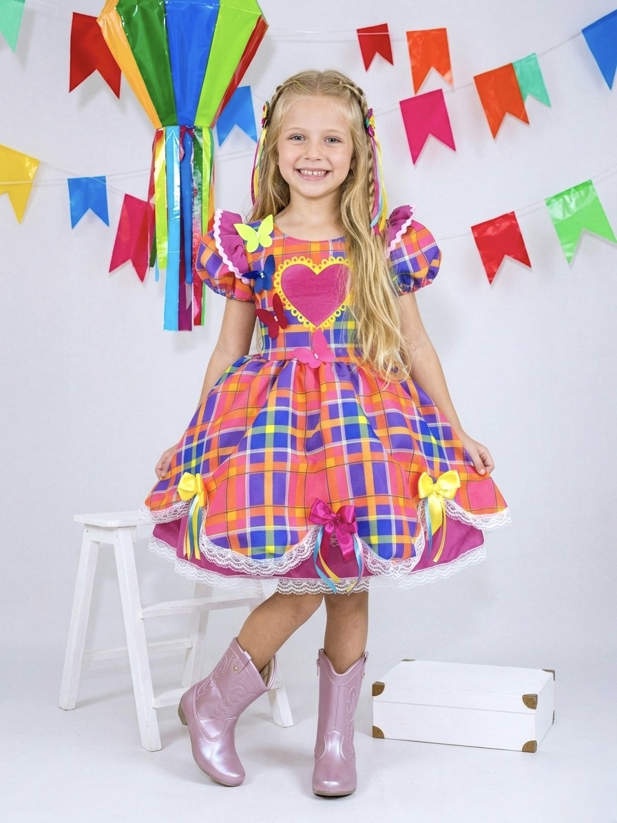 Vestido Infantil Xadrez Pink Laranja Junino Laço