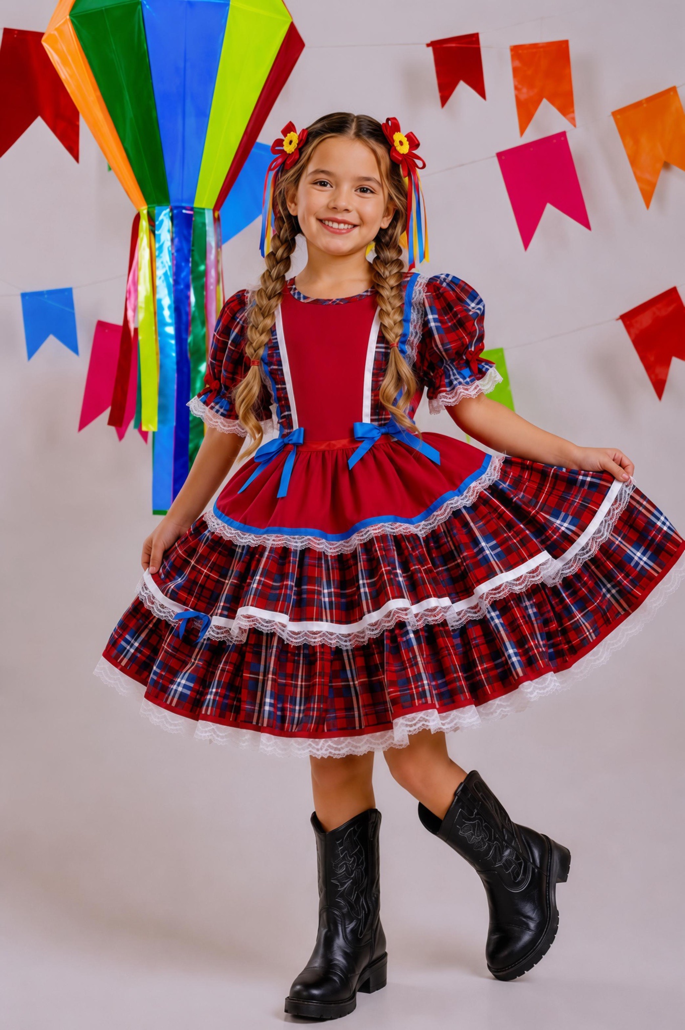 Vestido Junino Arraiá Festa Vermelho Xadrez Colorido