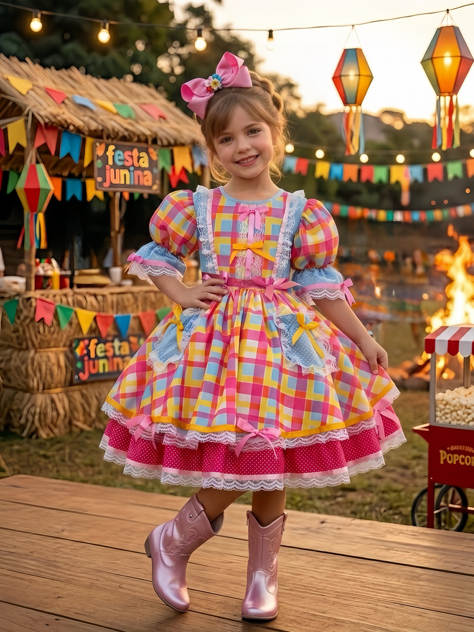 Vestido Junino Arraiá Festas Azul Xadrez Colorido
