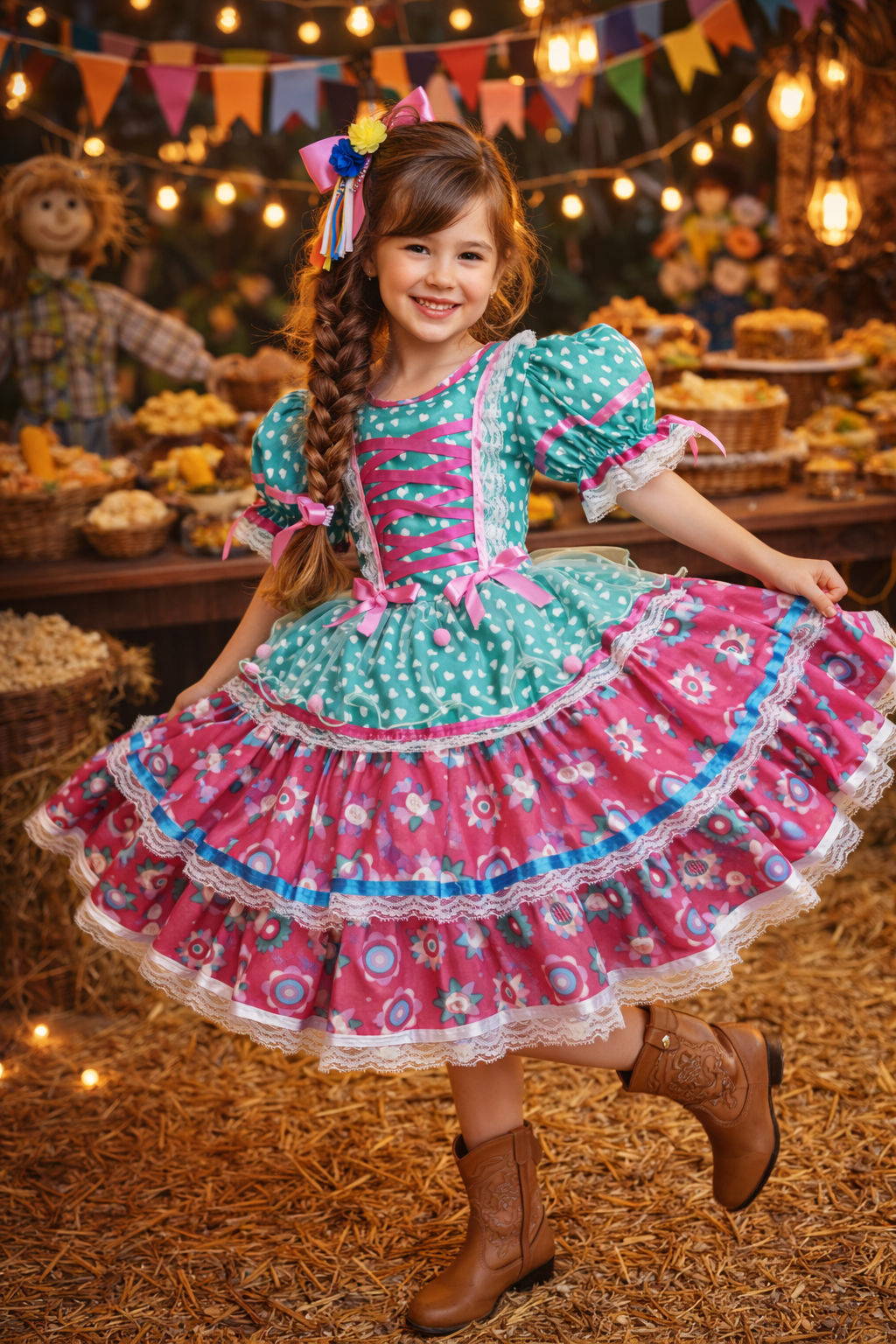 Vestido Junino Arraiá Festas Verde com Saia Colorida