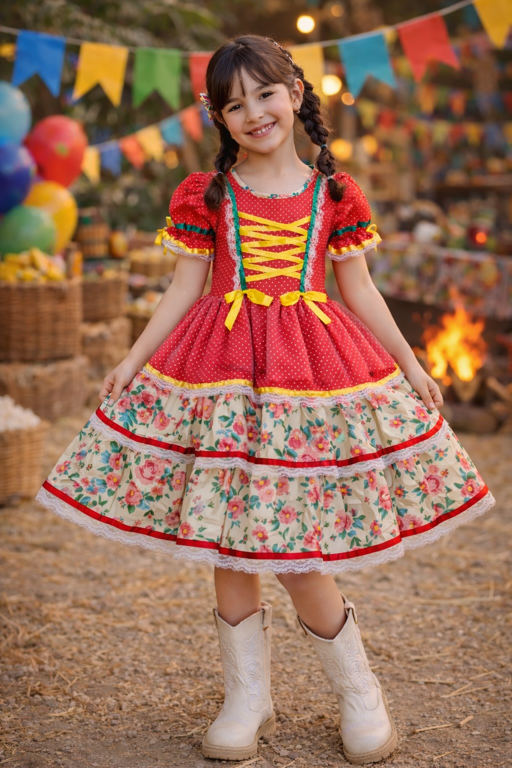 Vestido Junino Arraiá Festas Vermelho Saia Colorida