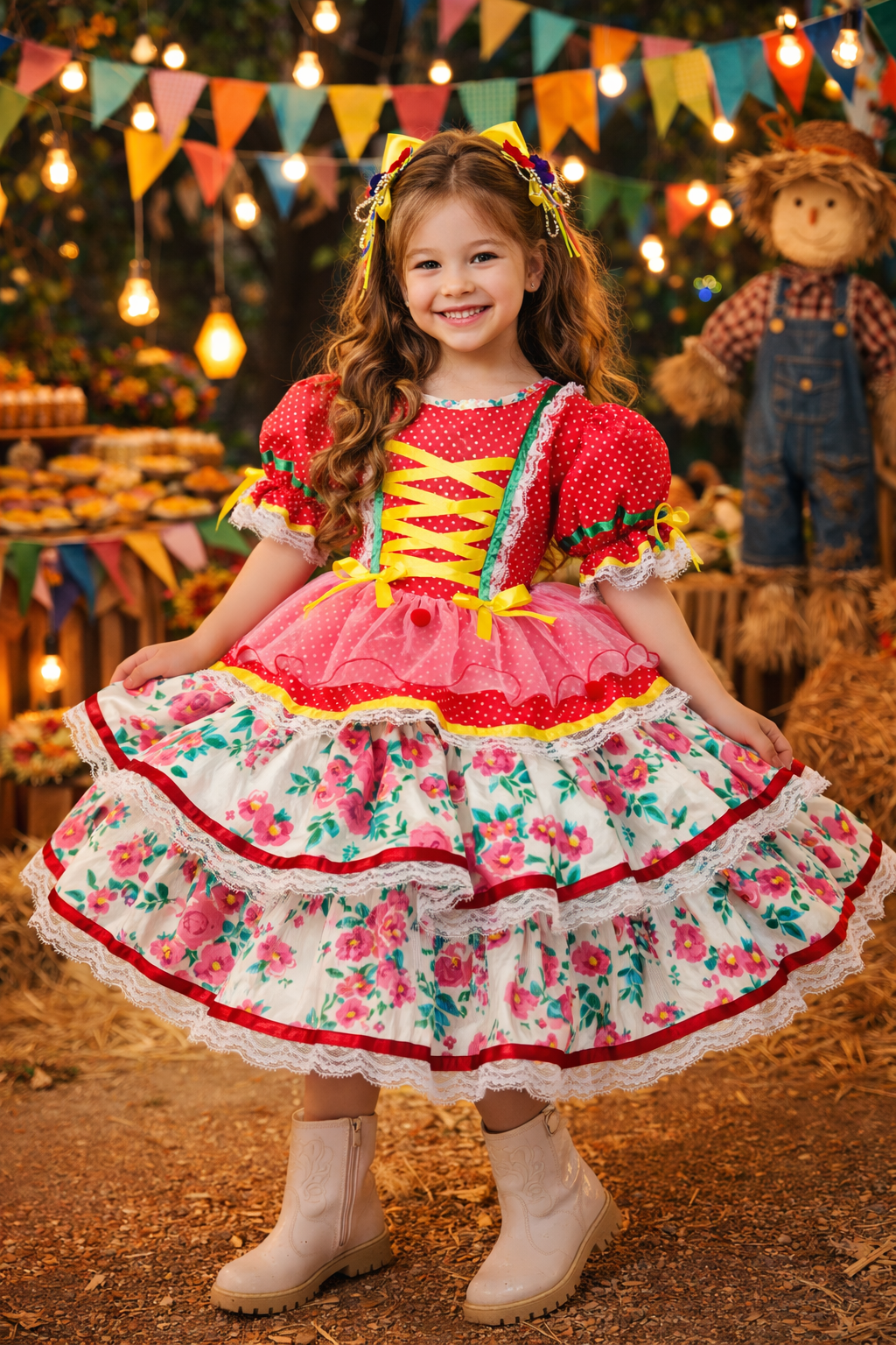 Vestido Junino Arraiá Festas Vermelho Saia Colorida