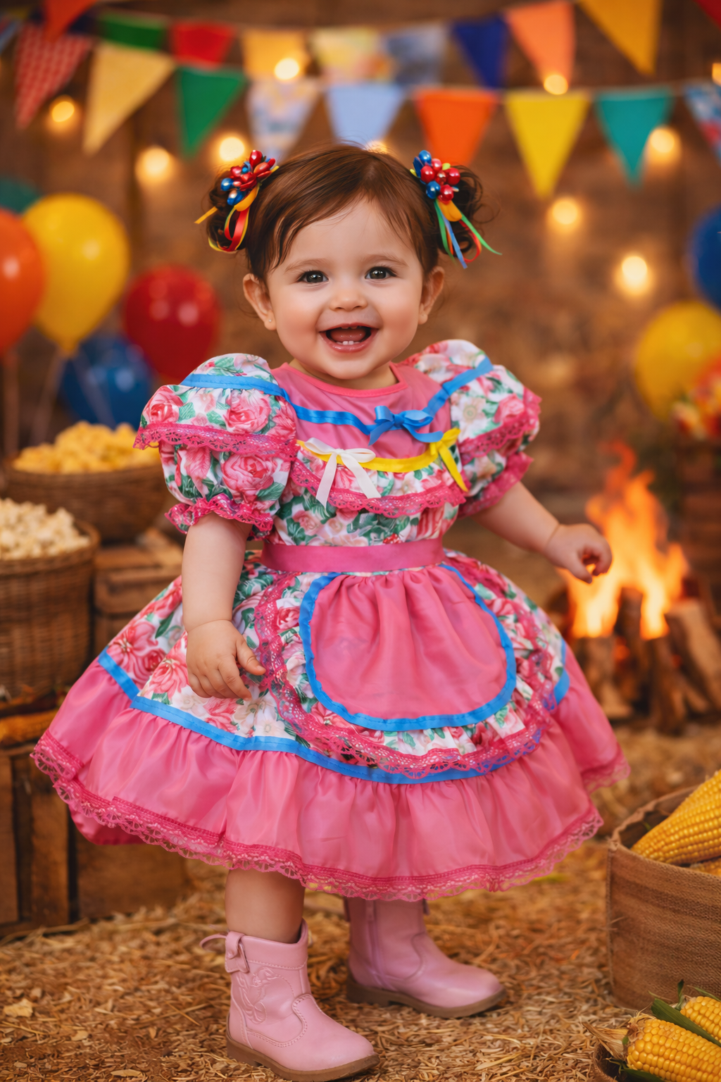 Vestido Junino Bebê Arraiá Festa Rosa Colorido Florzinhas