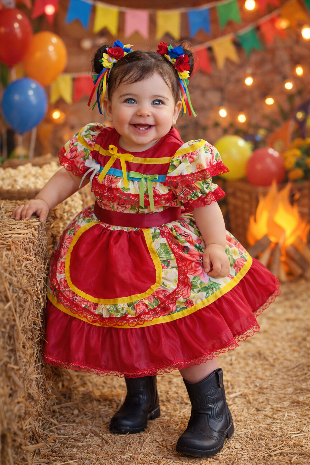 Vestido Junino Bebê Arraiá Festa Vermelho Colorido Florzinhas