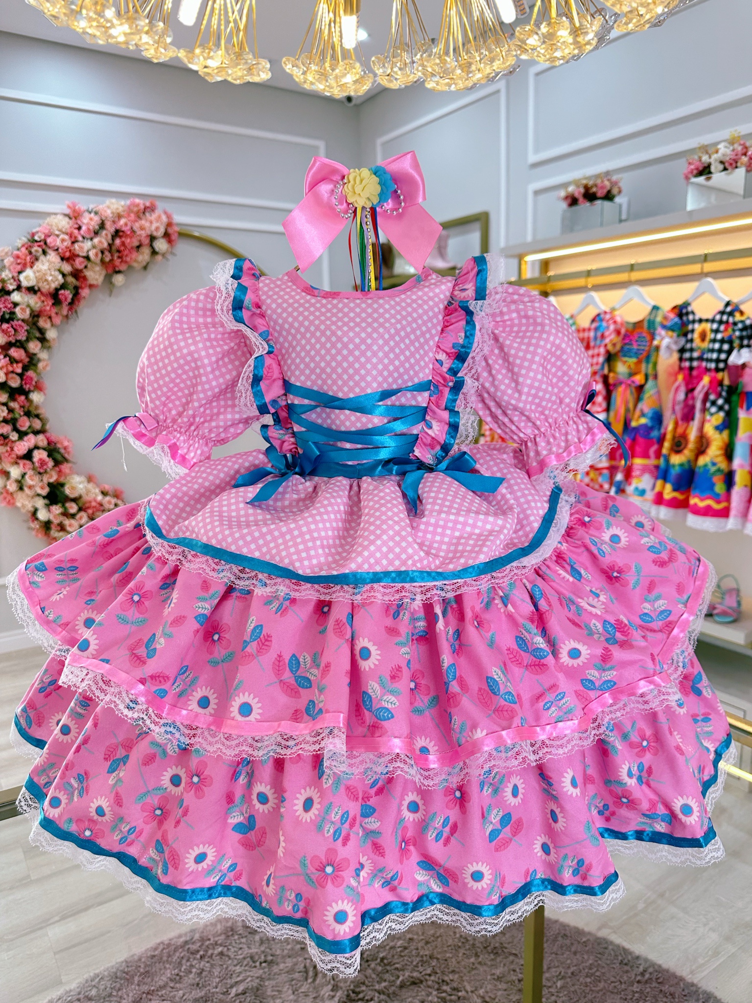 Vestido Junino Caipira Arraiá  Rosa Colorido Saia C/ Babados