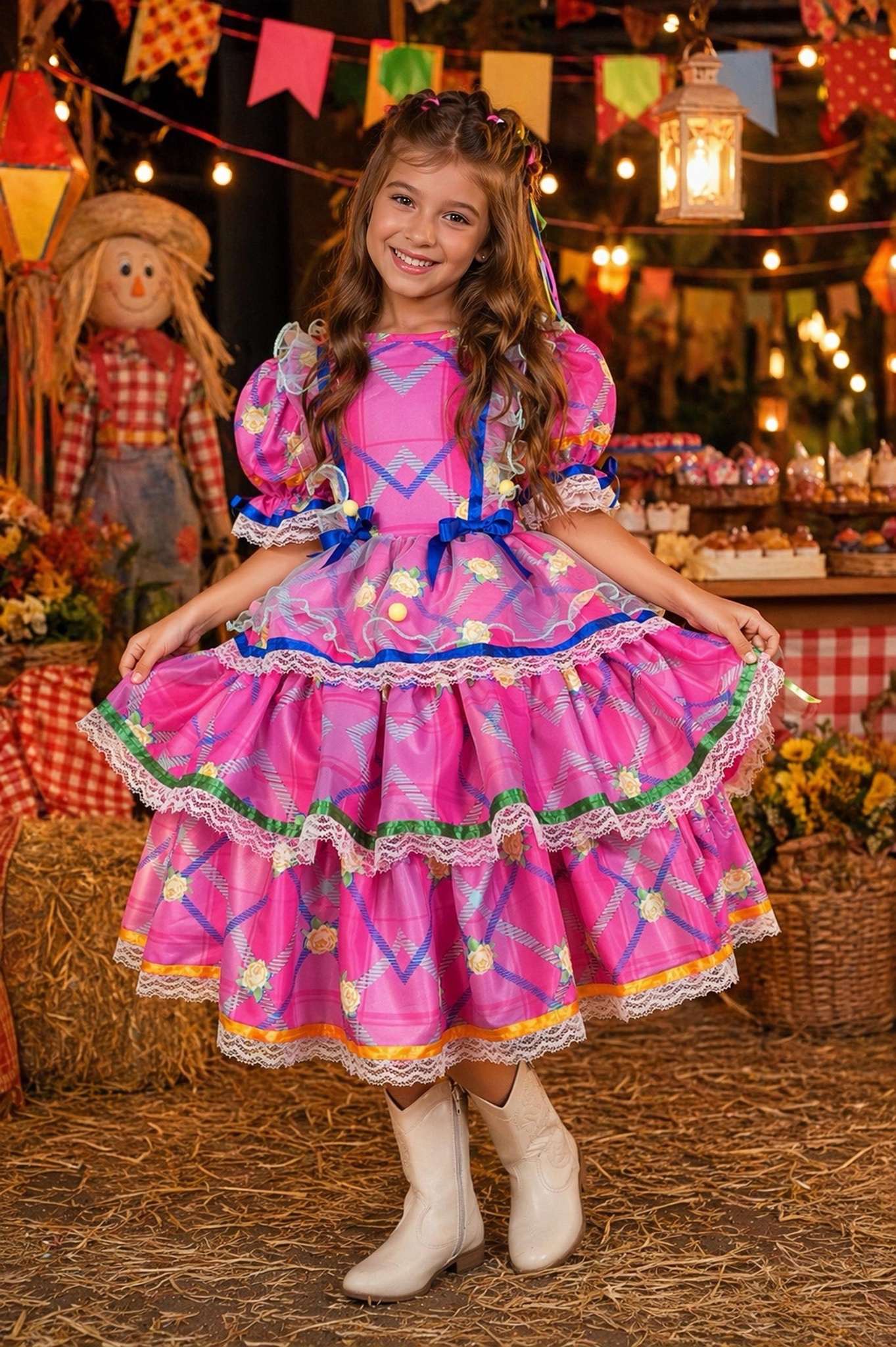 Vestido Junino Caipira Rosa Chiclete Florido Saia Com Babados