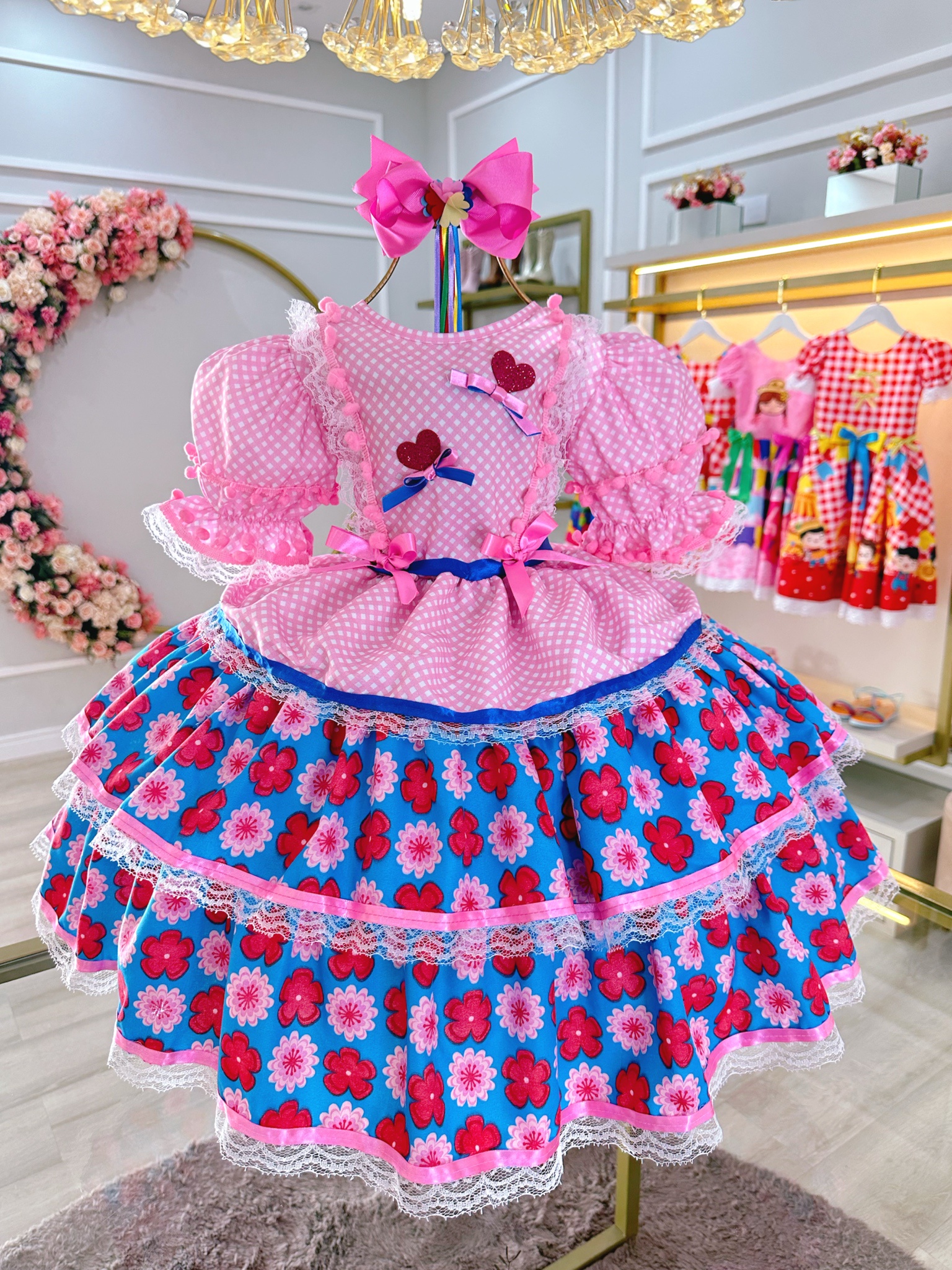 Vestido Junino Caipira Rosa Claro Colorido Saia Com Babados