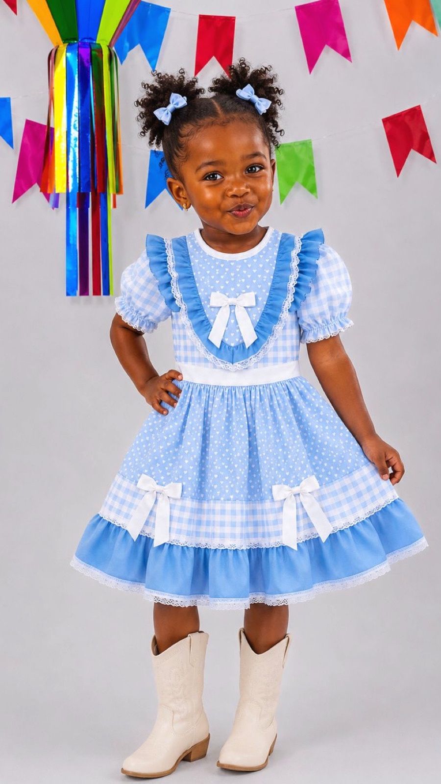 Vestido Junino Infantil Azul Bebê Xadrez com Corações e Renda