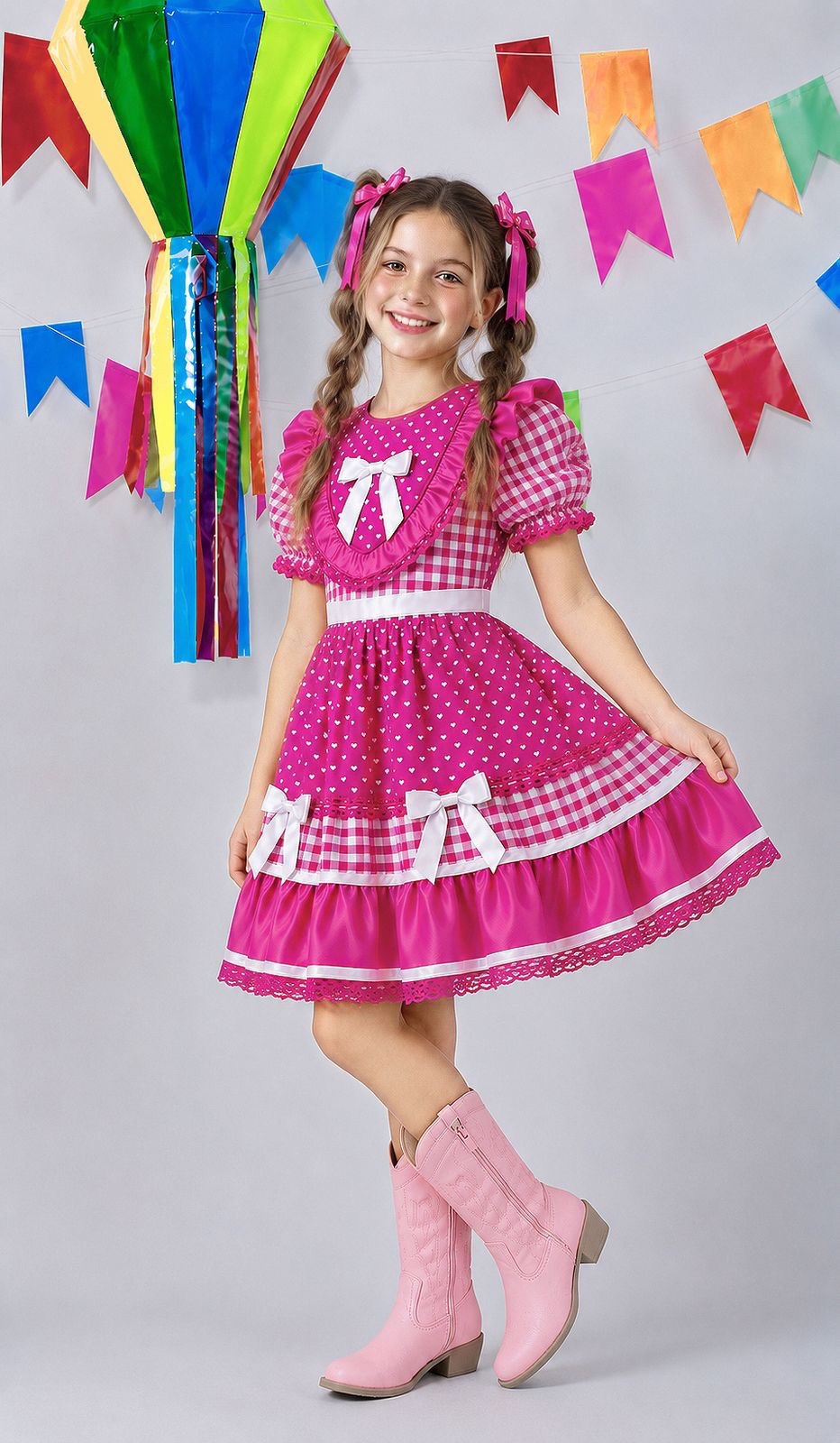 Vestido Junino Infantil Azul Pink Xadrez com Corações e Renda