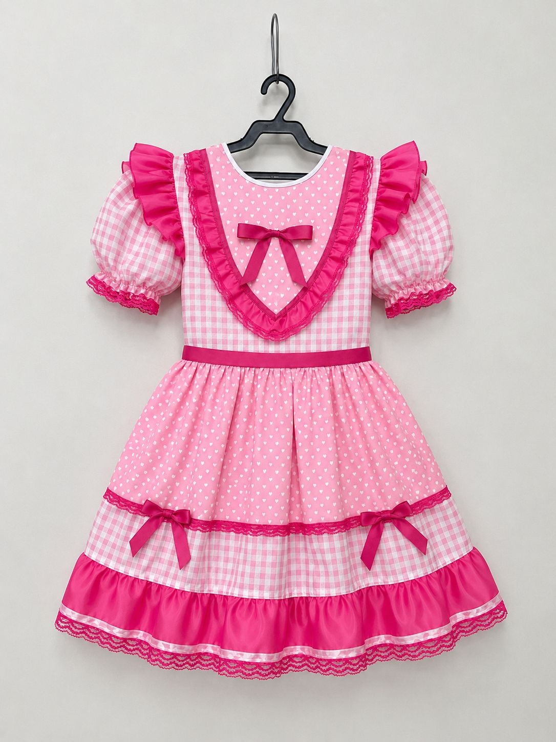 Vestido Junino Infantil Azul Rosa Xadrez com Corações e Renda