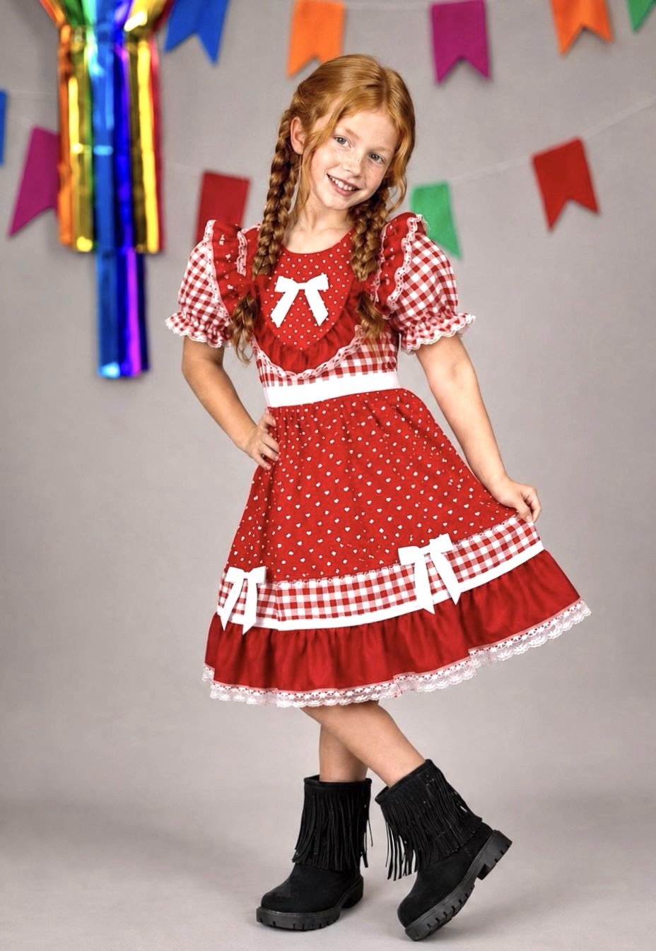 Vestido Junino Infantil Azul Vermelho Xadrez com Corações e Renda