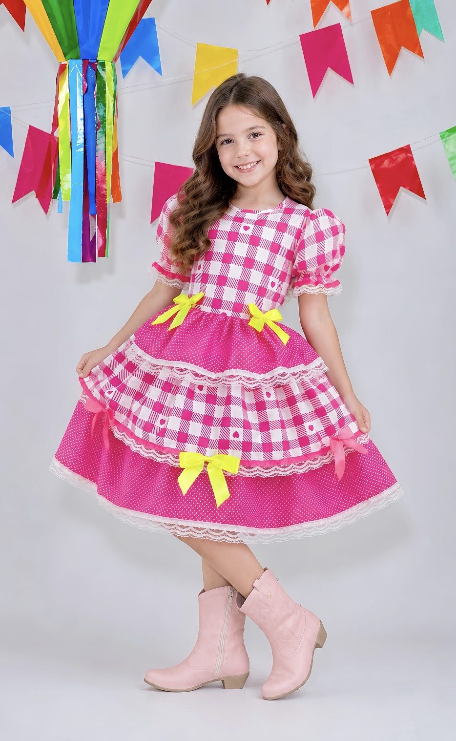 Vestido Junino Infantil Pink Xadrez com Corações e Laços