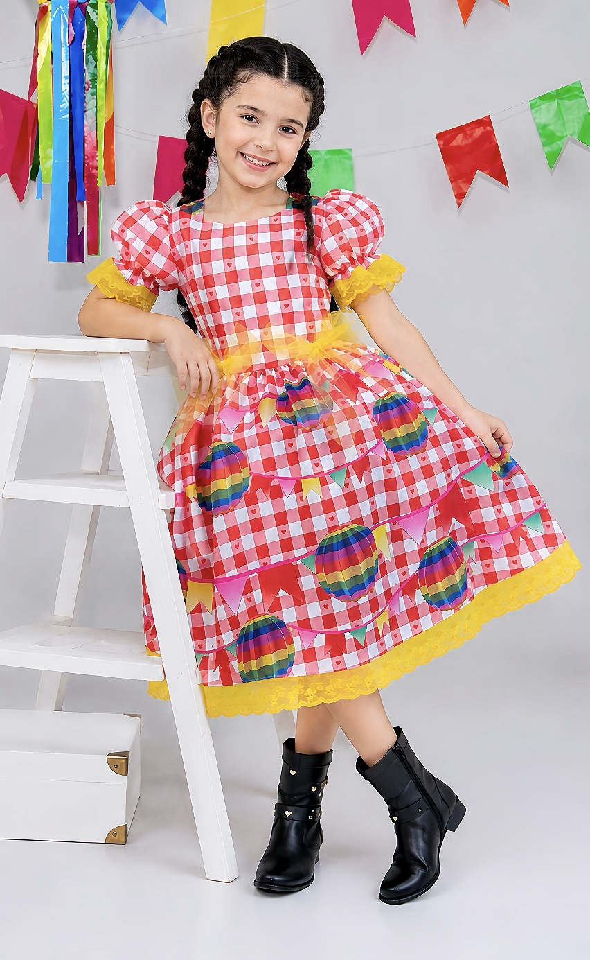 Vestido Junino Infantil Xadrez Vermelho com Balões Coloridos