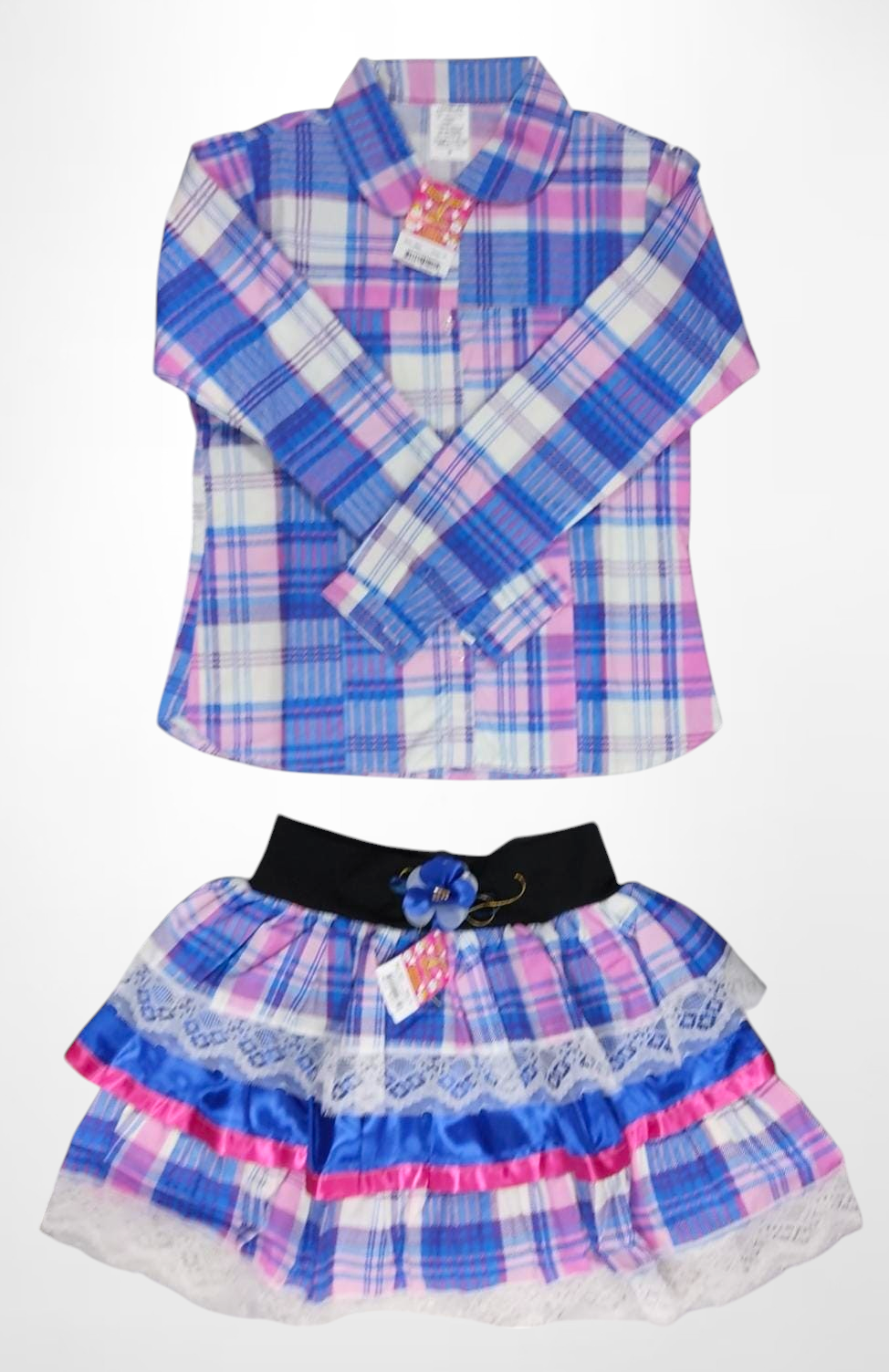 Conjunto Luxo Adulto Junino Camisa e Saia Xadrez Azul Colorido