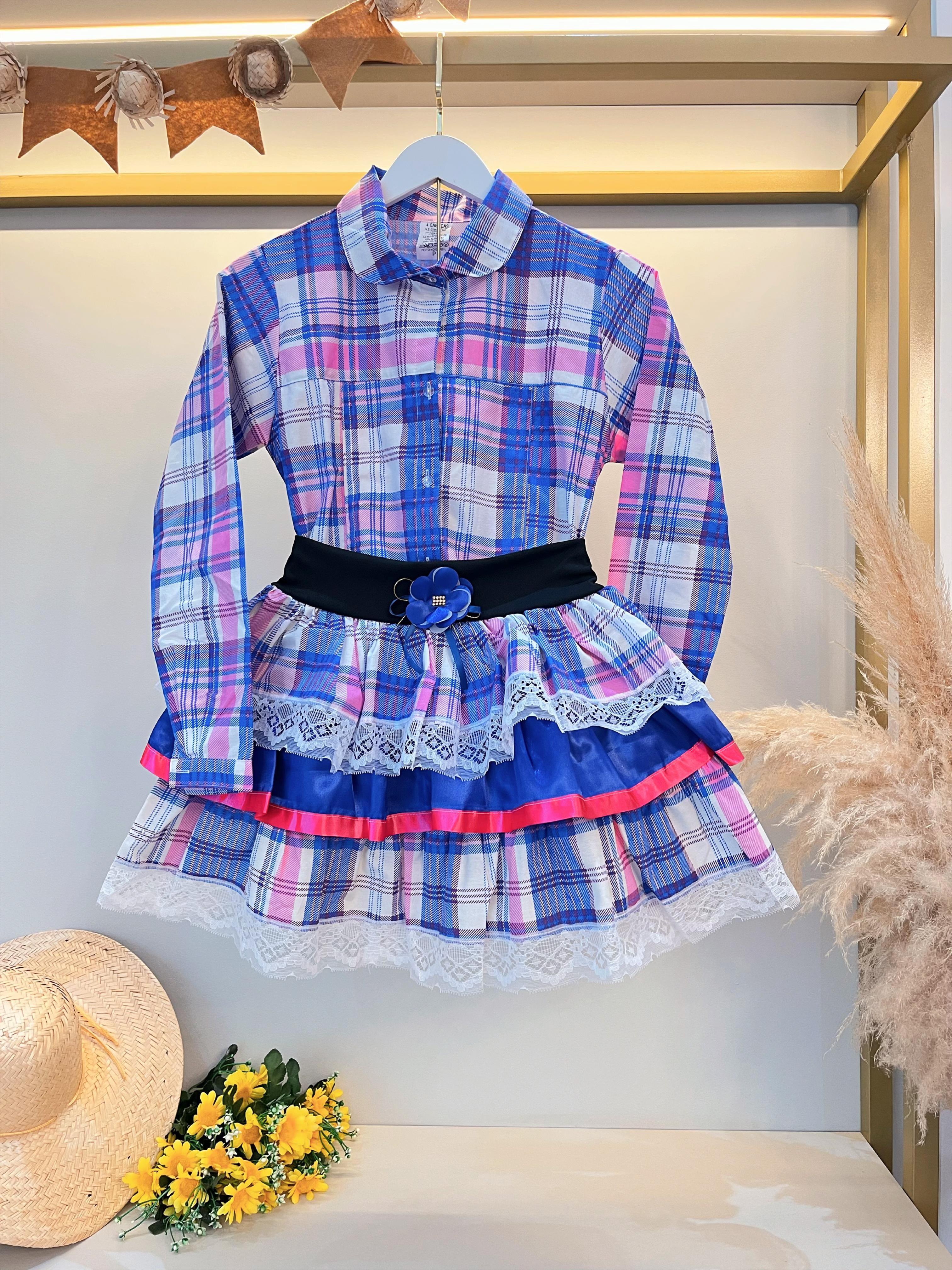 Conjunto Luxo Adulto Junino Camisa e Saia Xadrez Azul Colorido