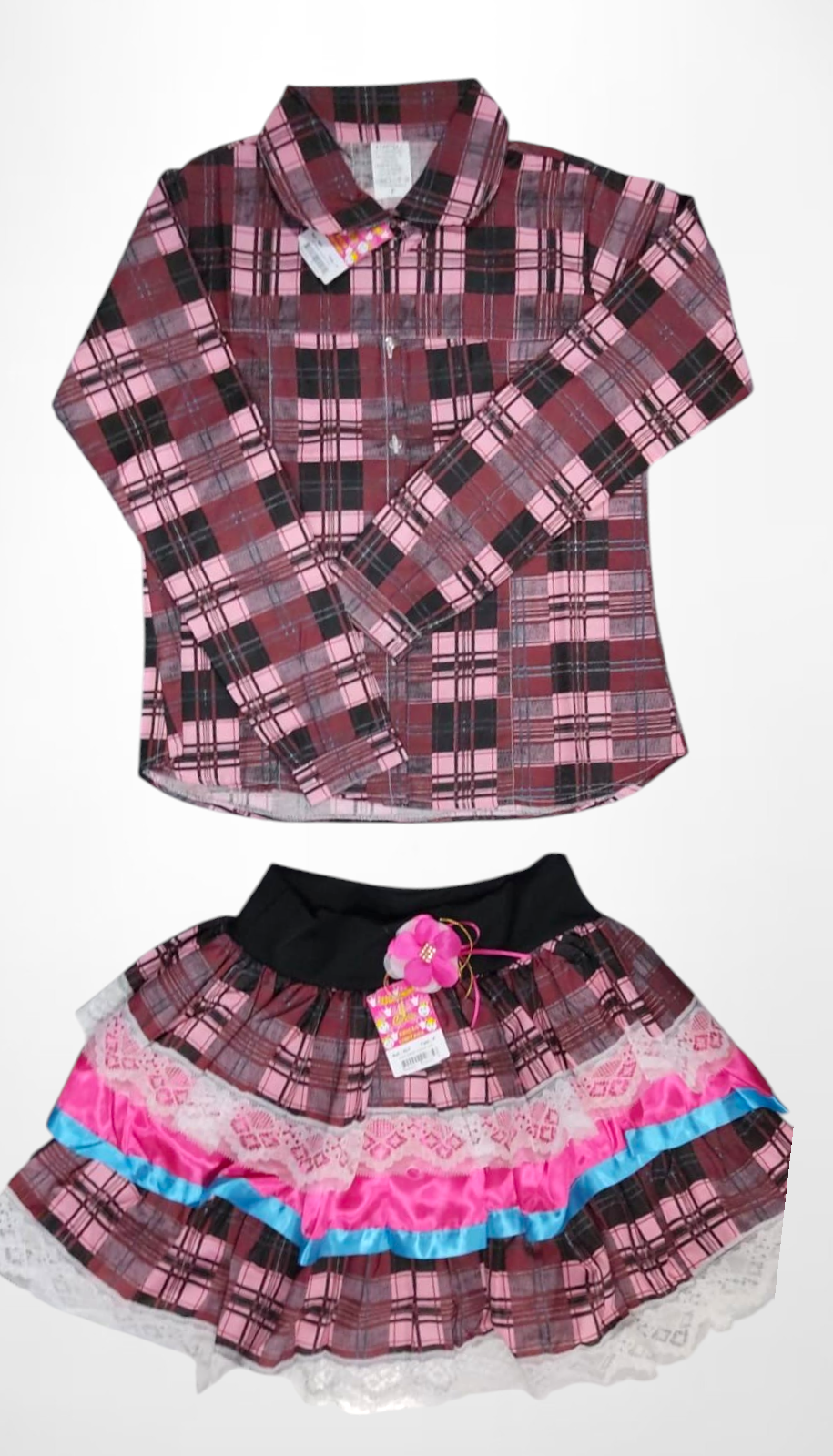 Conjunto Luxo Adulto Junino Camisa e Saia Xadrez Marsala Colorido