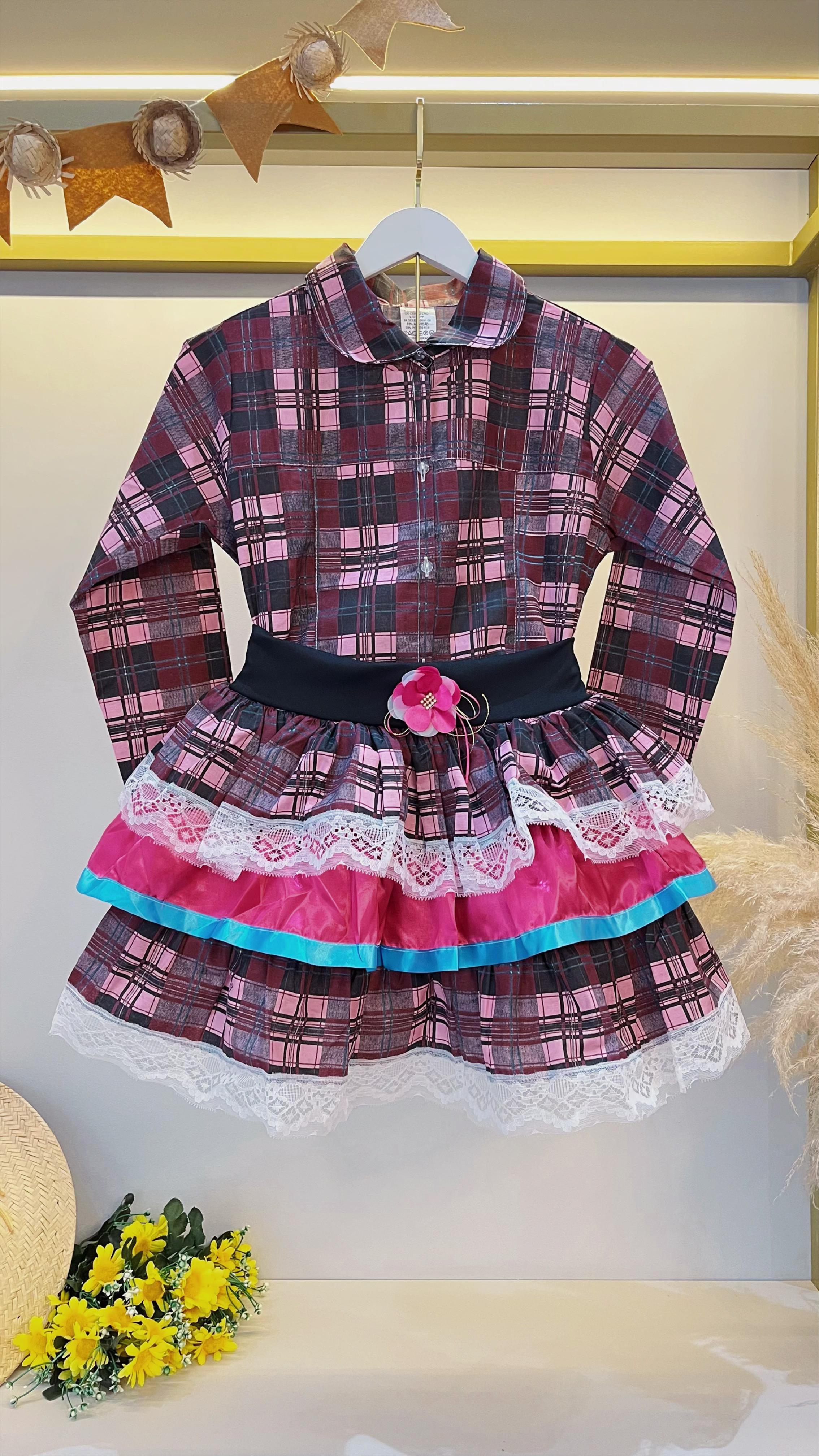 Conjunto Luxo Adulto Junino Camisa e Saia Xadrez Marsala Colorido