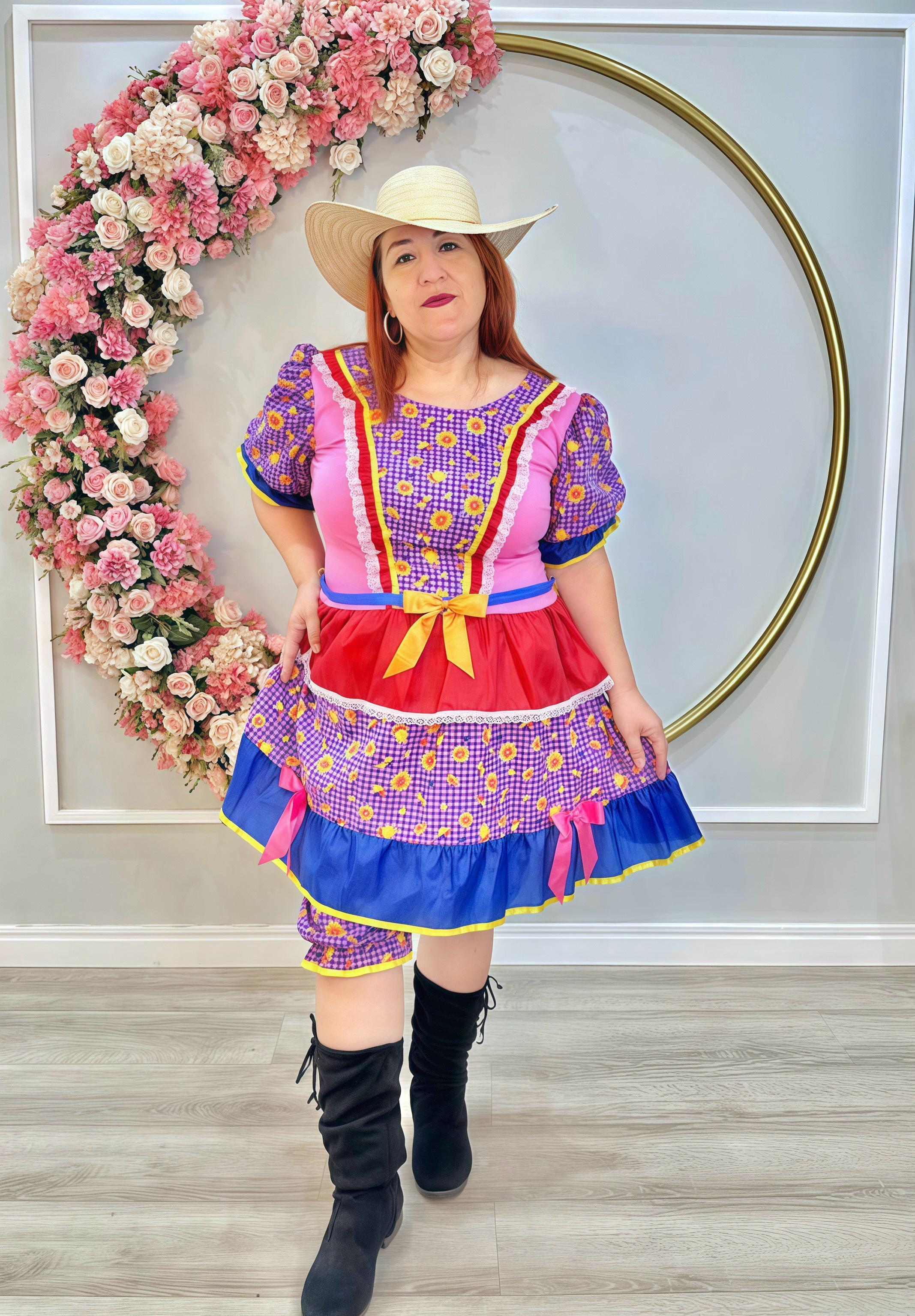 Fantasia Adulto Junino Arraiá Lilás Xadrez Colorido