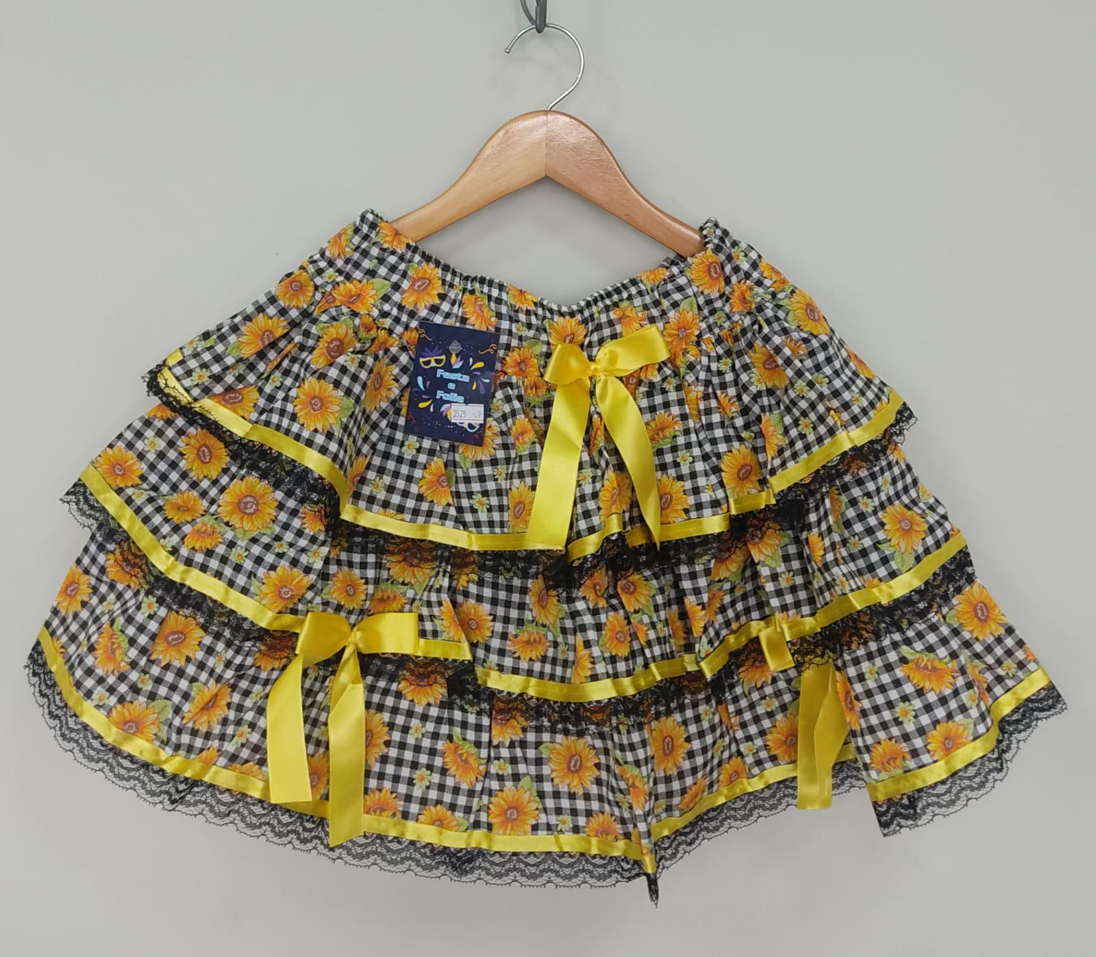 Saia Adulto Junino Arraiá Festas Xadrez Preto Girassol