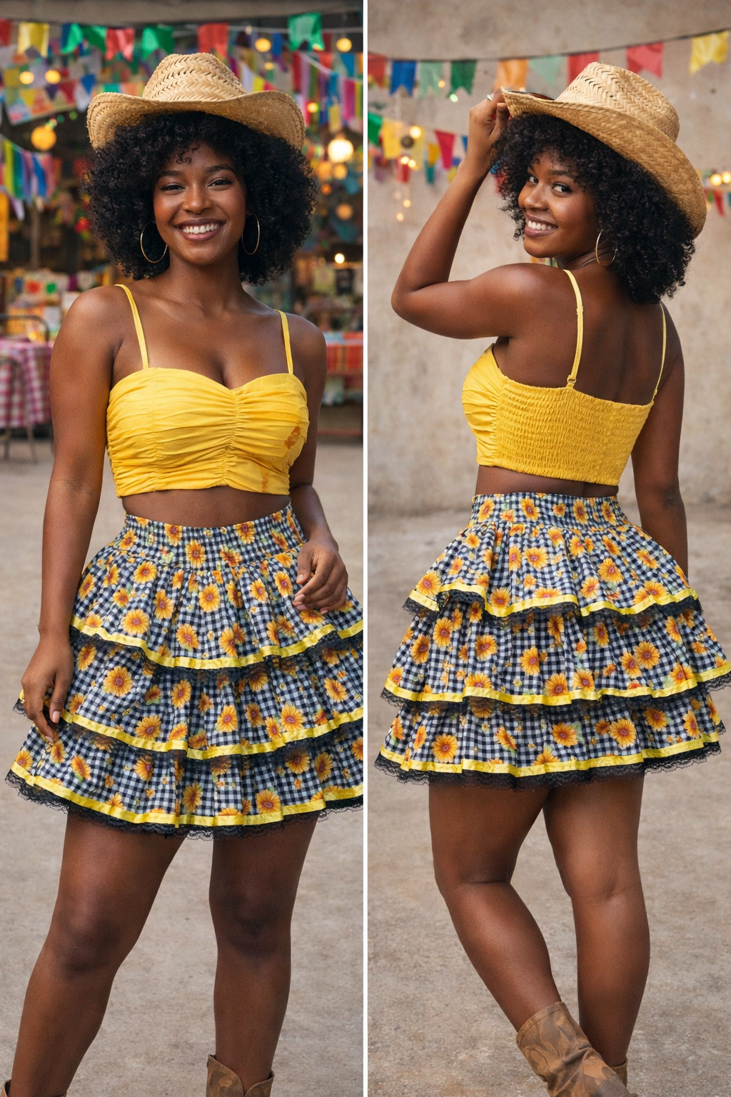 Saia Adulto Junino Arraiá Festas Xadrez Preto Girassol