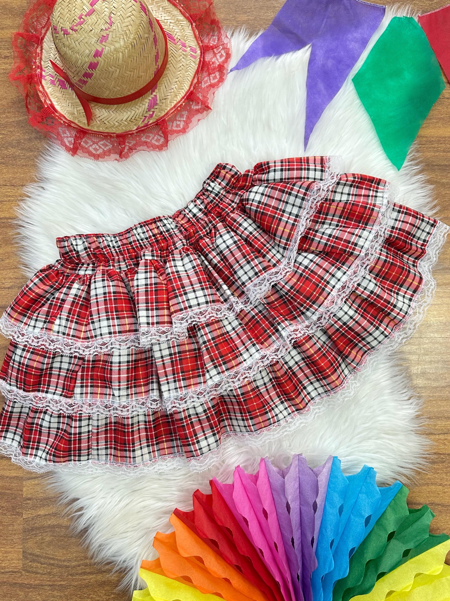Saia Adulto Junino Caipira Vermelho Xadrez Festas