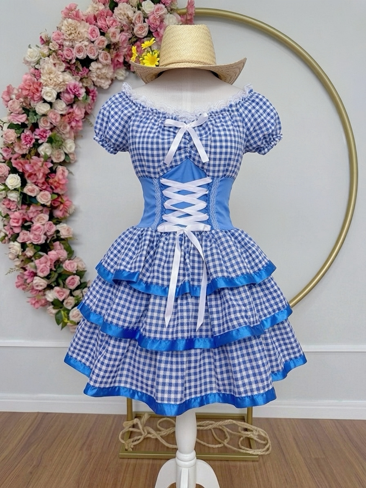 Vestido Adulto Junino Arraiá Caipira Xadrez Azul Festas