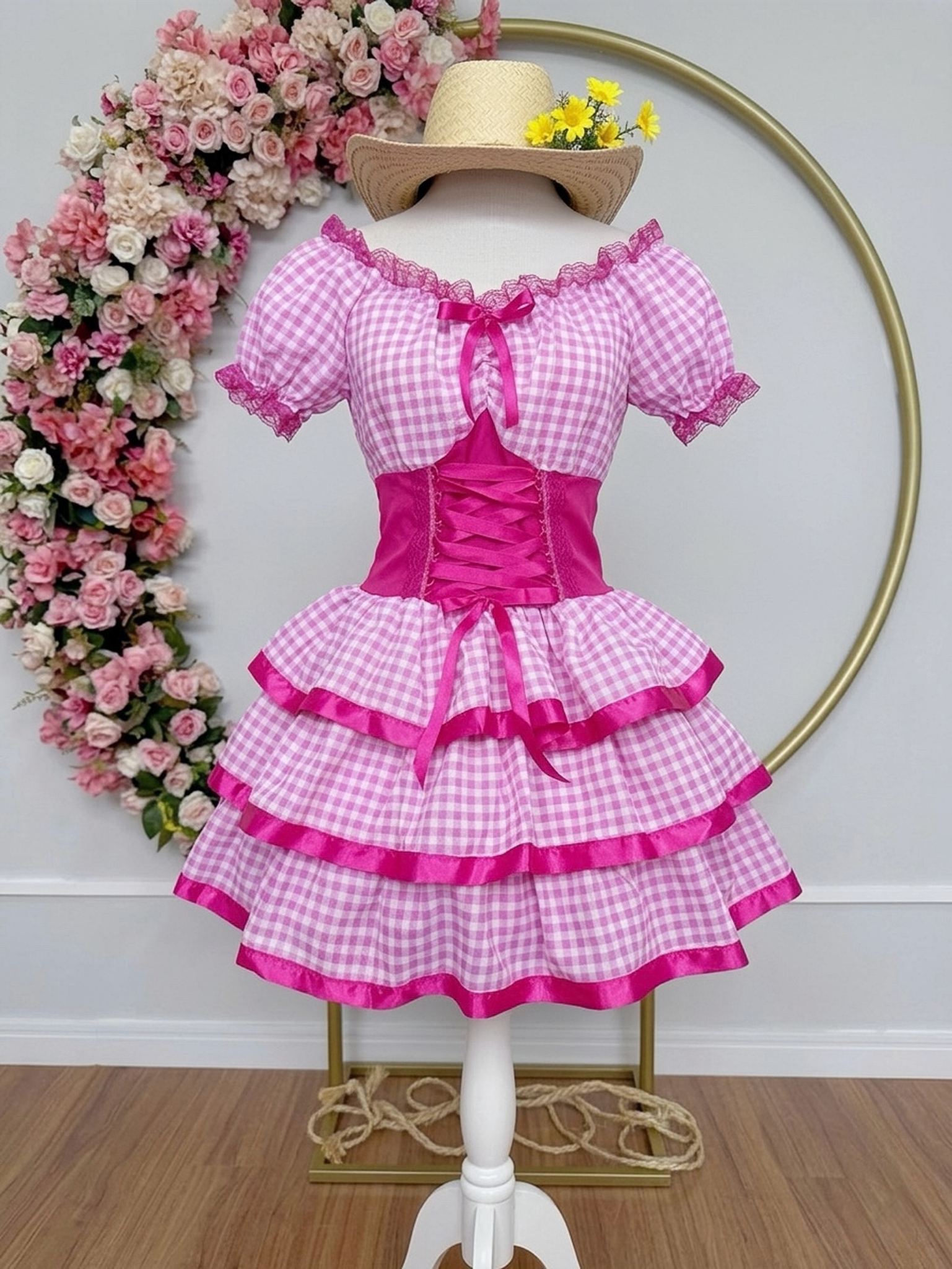 Vestido Adulto Junino Arraiá Caipira Xadrez Pink Festas