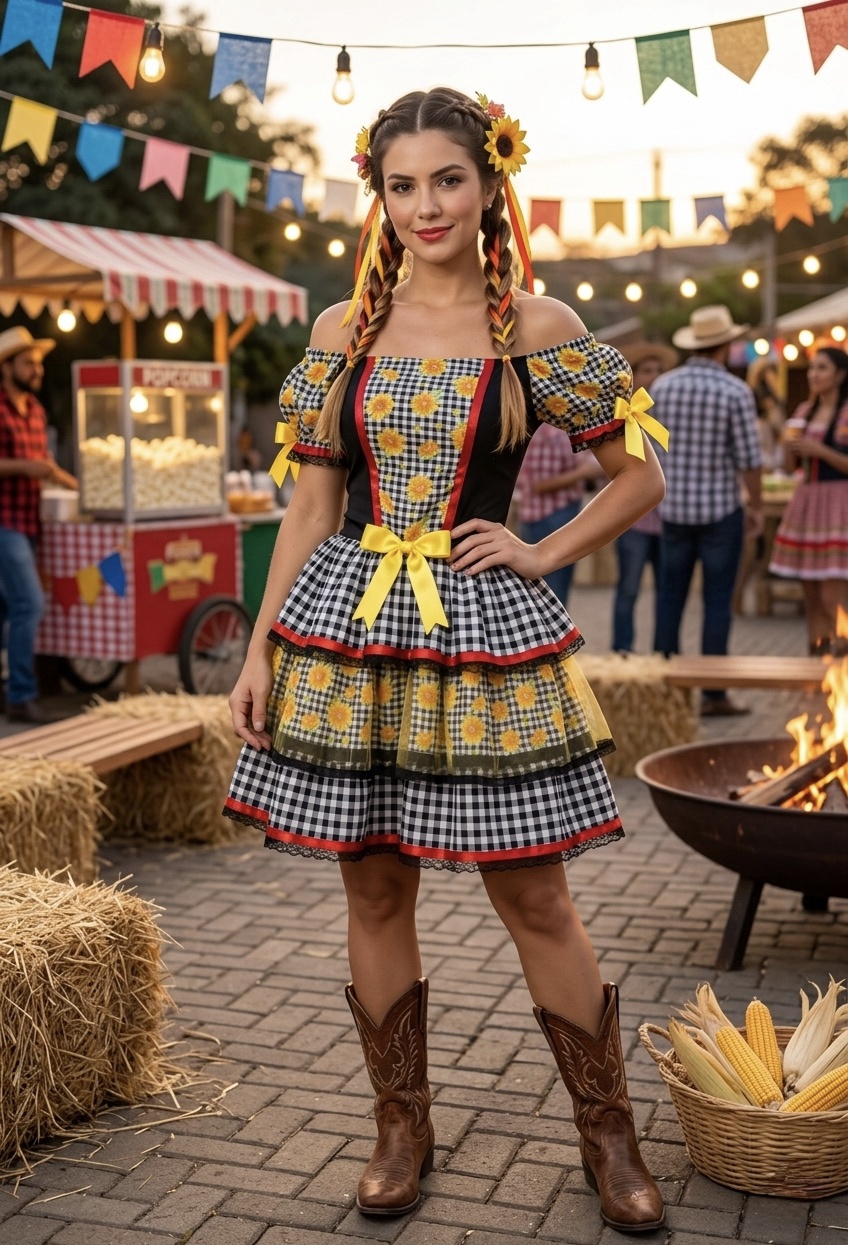 Vestido Adulto Junino Arraiá Preto Xadrez Girassol Babados