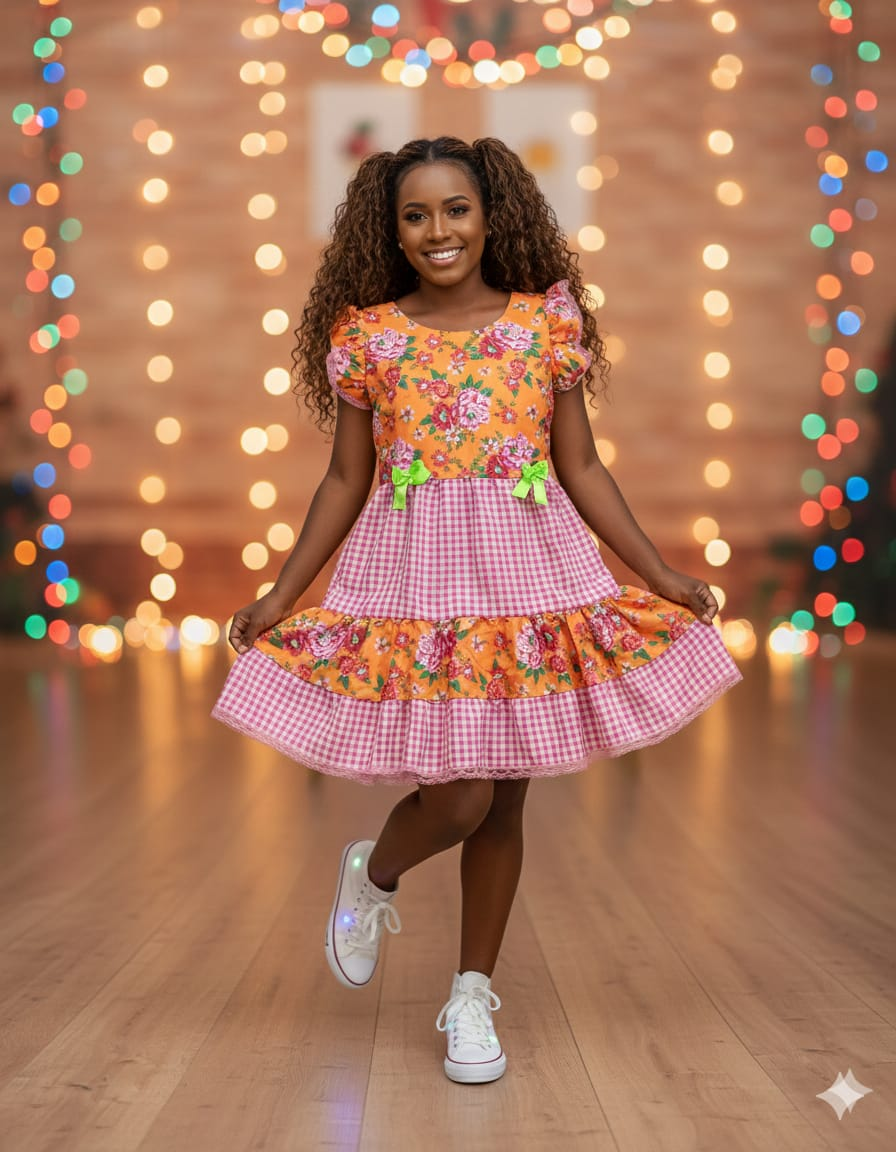 Vestido Adulto Junino Caipira Laranja Florido C/ Xadrez Rosa