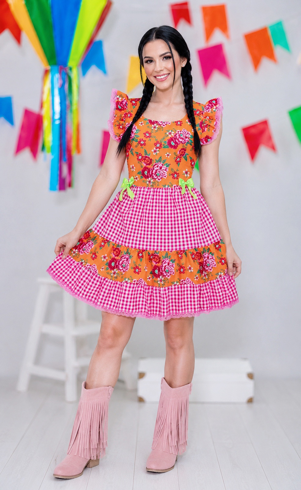 Vestido Adulto Junino Caipira Laranja Florido C/ Xadrez Rosa