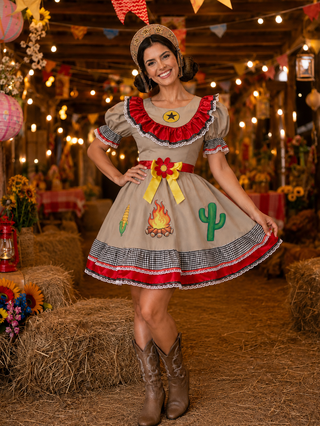 Vestido Adulto Junino Caipira Maria Bonita Colorido