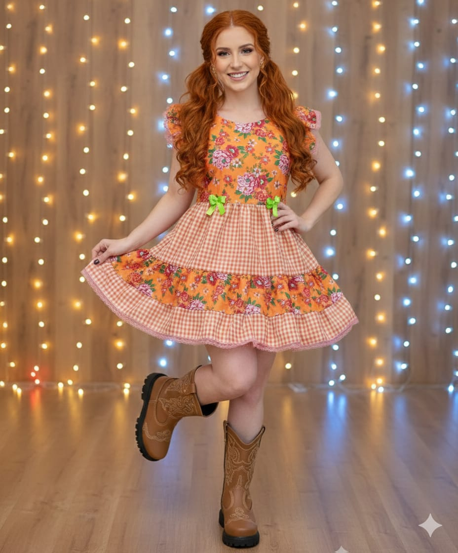 Vestido Adulto Junino Caipira Xadrez Laranja Florido