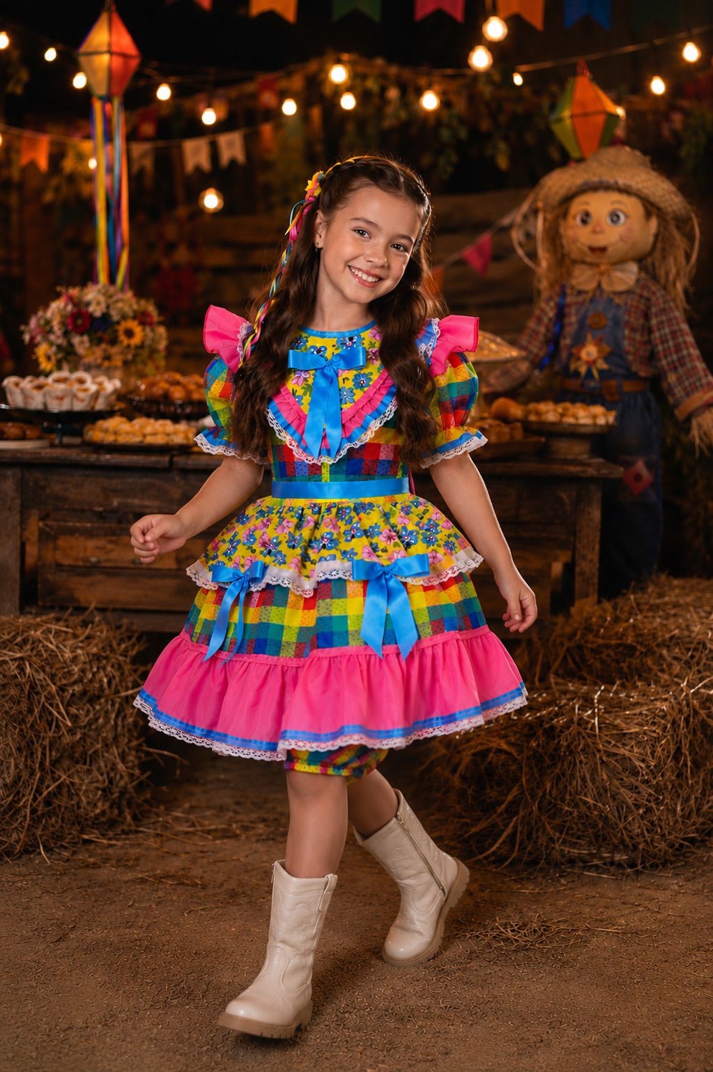 Vestido Infantil Junino Caipira Xadrez Colorido Estampado