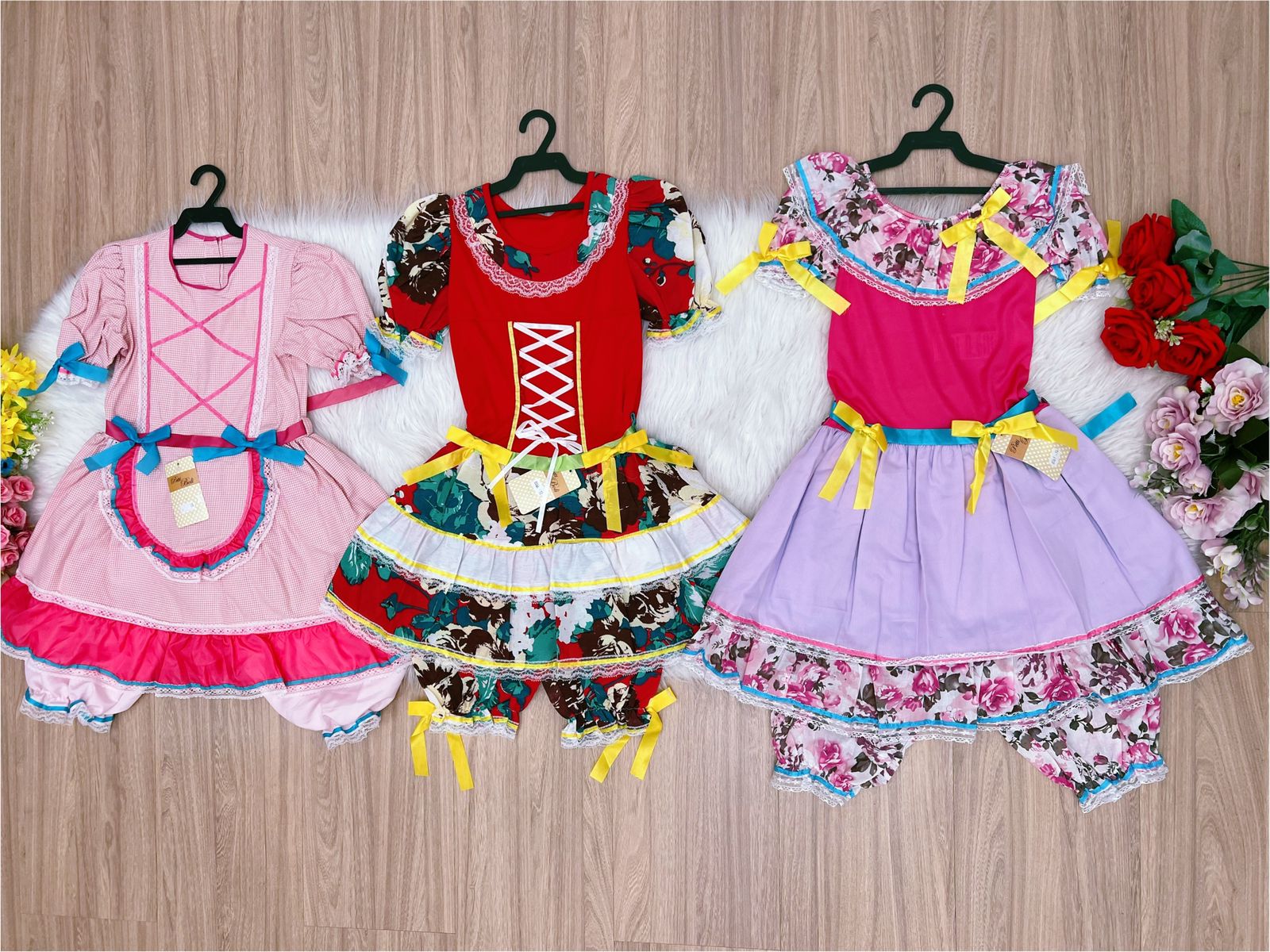 Kit 3 Peças Vestido Fantasia Junino  TAM 10-12-14 Variação Cor