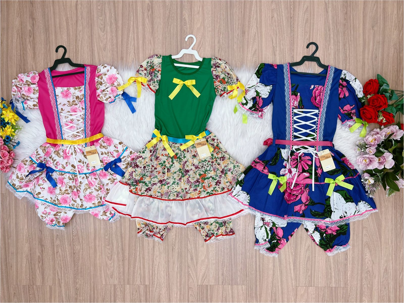 Kit 3 Peças Vestido Fantasia Junino  TAM 12-14-16 Variação Cor