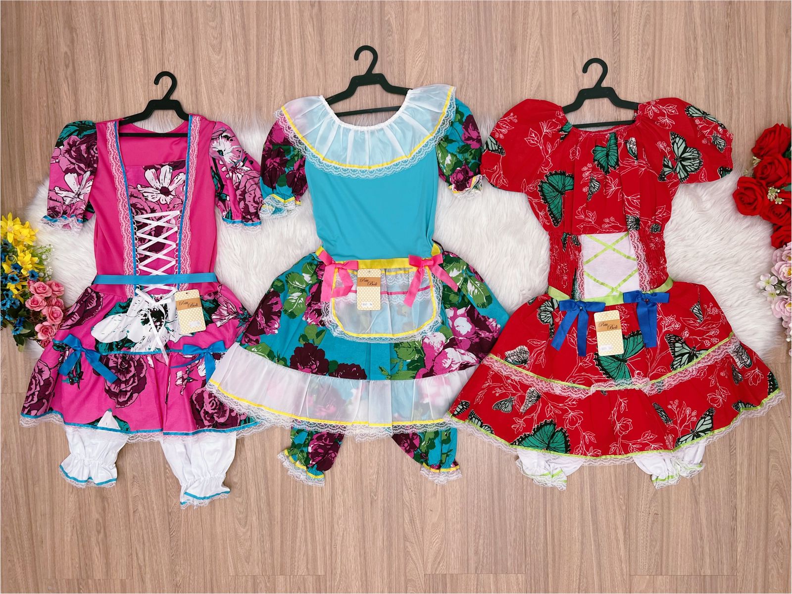Kit 3 Peças Vestido Fantasia Junino  TAM 12-14-16 Variação Cor