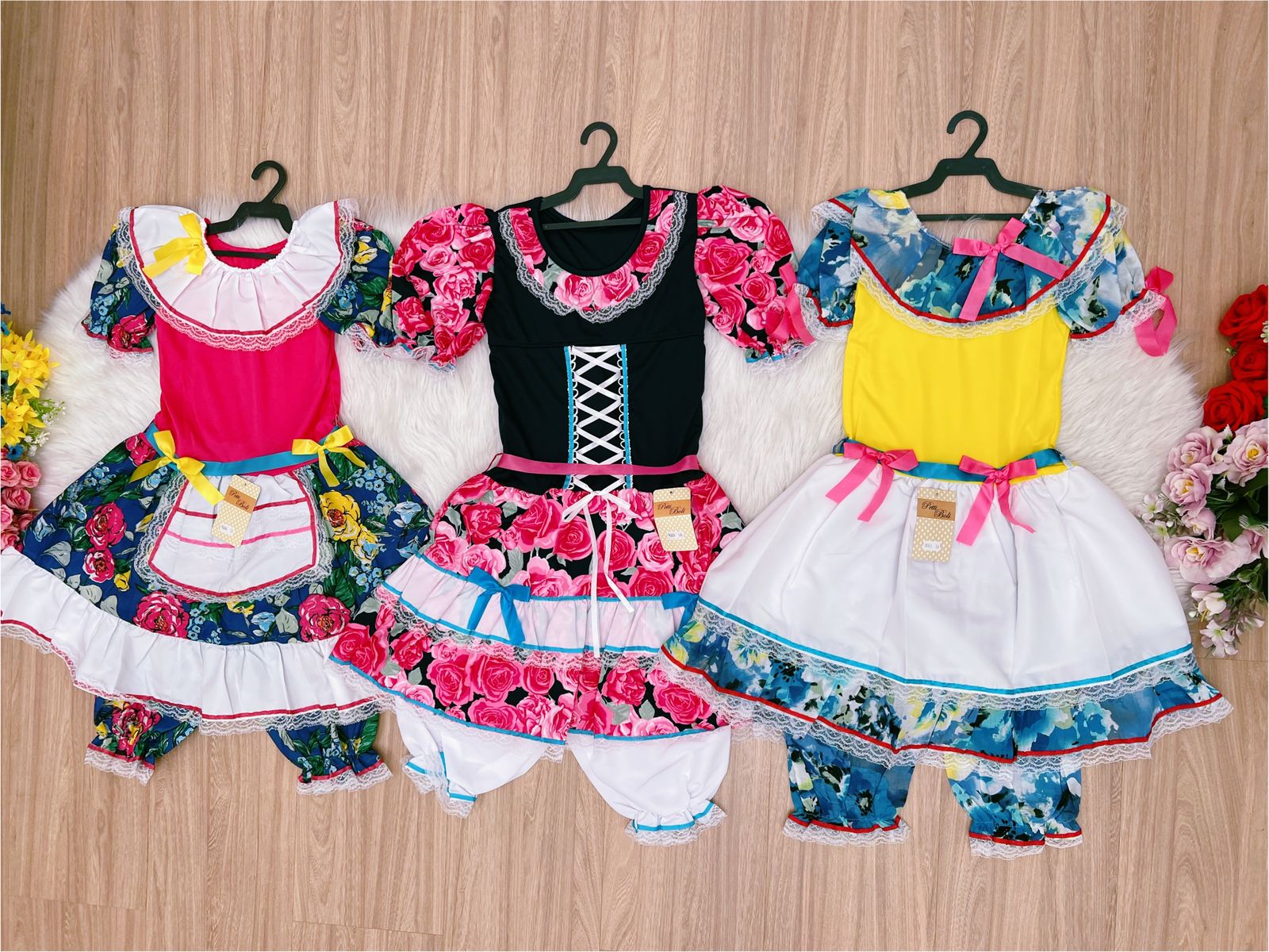 Kit 3 Peças Vestido Fantasia Junino  TAM 12-14-16 Variação Cor