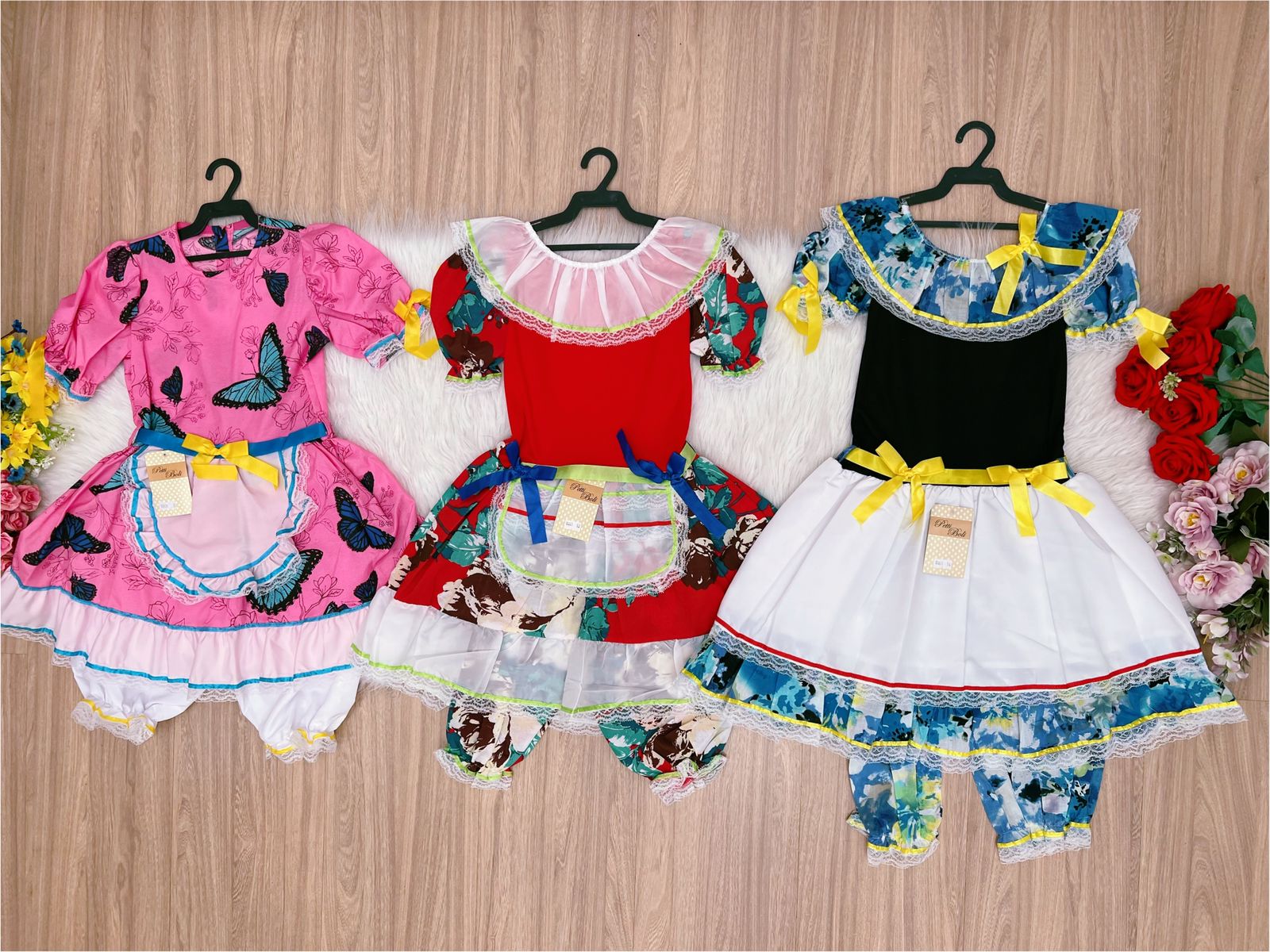 Kit 3 Peças Vestido Fantasia Junino  TAM 8-12-14 Variação Cor