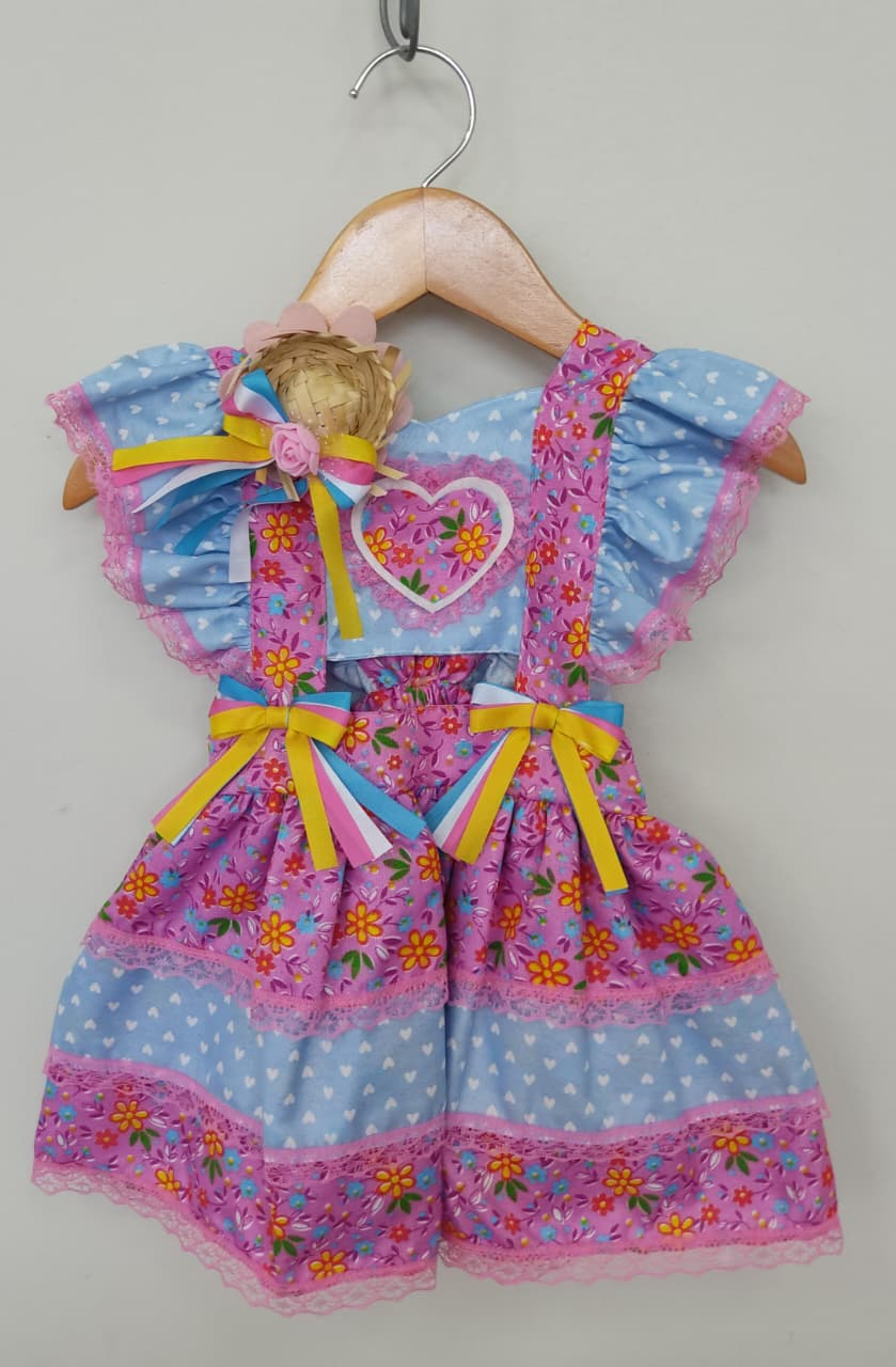 Romper Junino Lilás e Azul Colorido Com Laço de Chapéuzinho