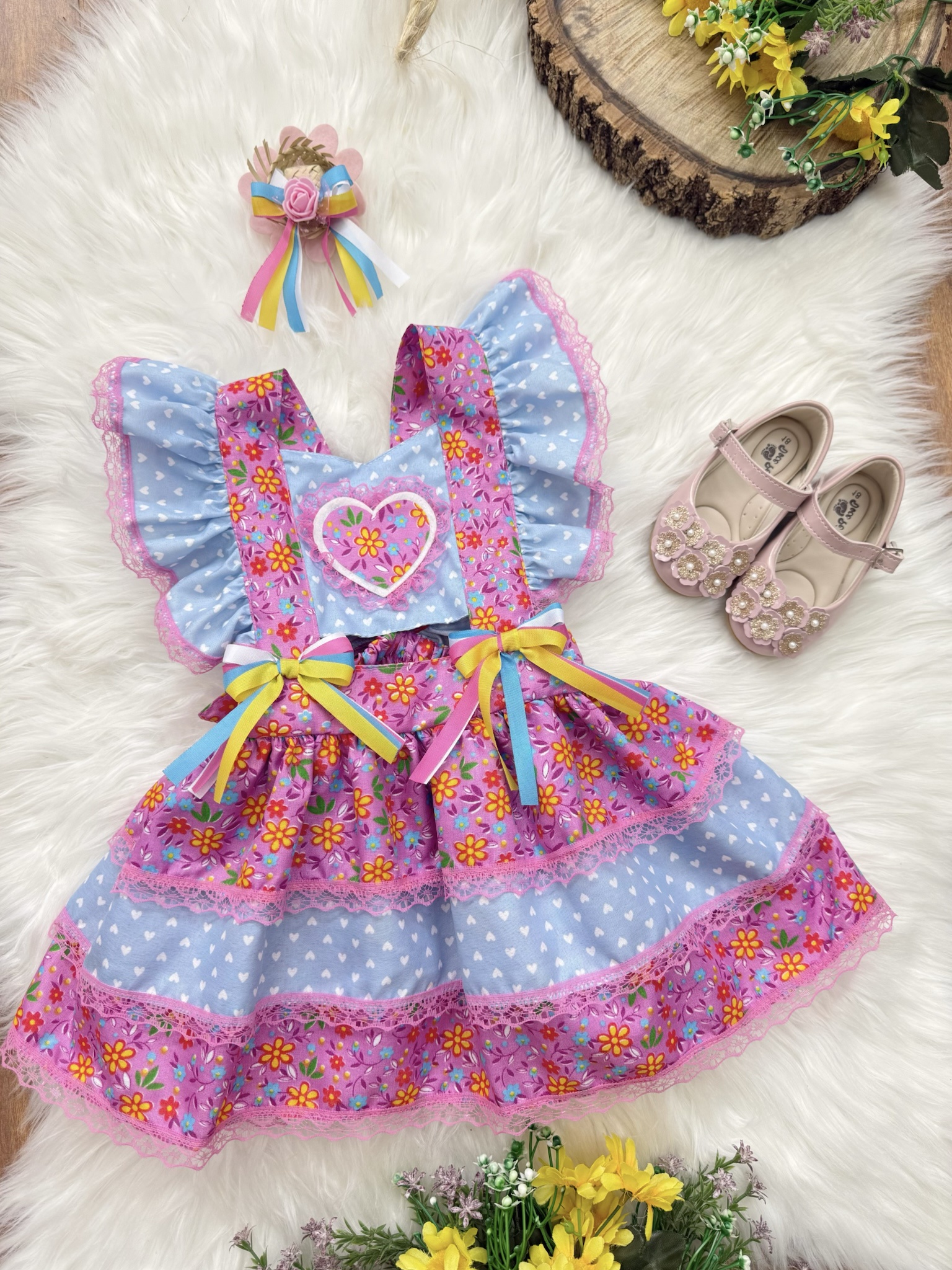 Romper Junino Lilás e Azul Colorido Com Laço de Chapéuzinho