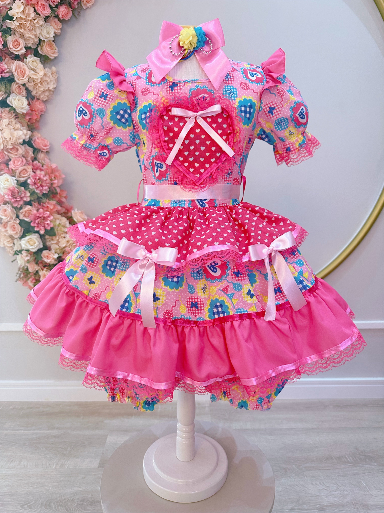 Vestido Infantil Junino Arraiá Rosa C/ Estampa Colorida
