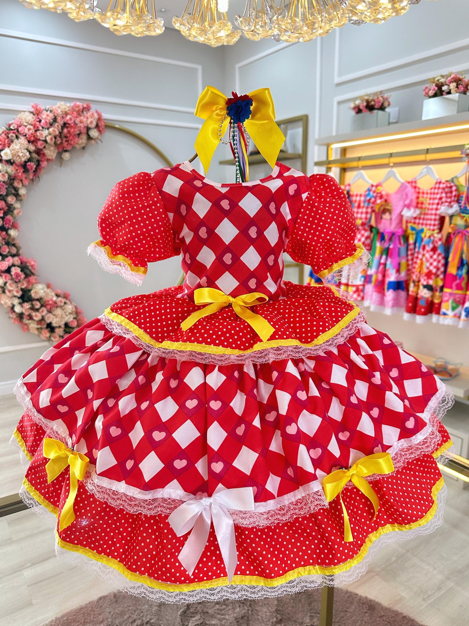 Vestido Infantil Junino Arraiá Vermelho Estampas Corações